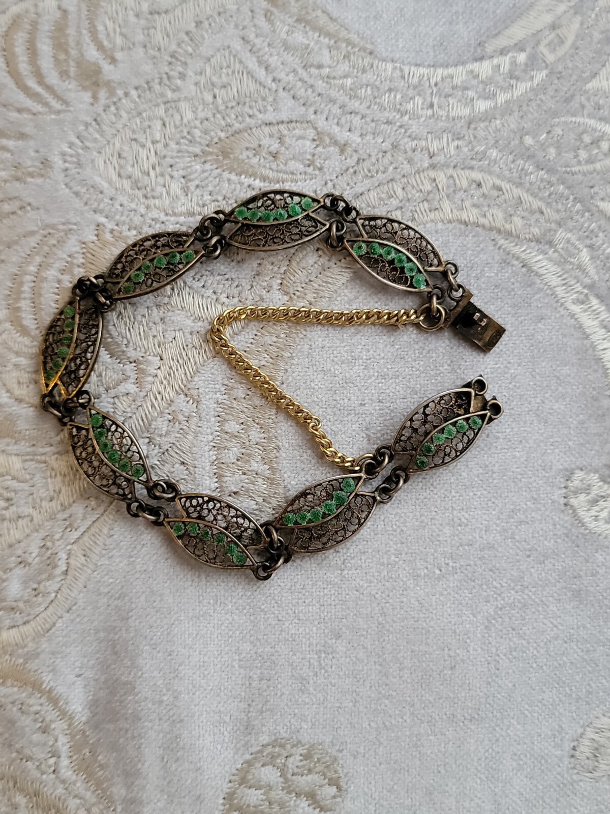 Vintage Cannetille & Green Enamel Bracelet, 6″ 800 Silver