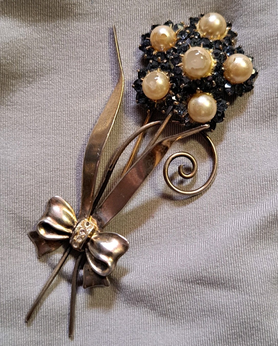 1950s 925 Sterling Silver Vermeil Blue Rhinestone Faux Pearl Brooch 3.5” 17gr
