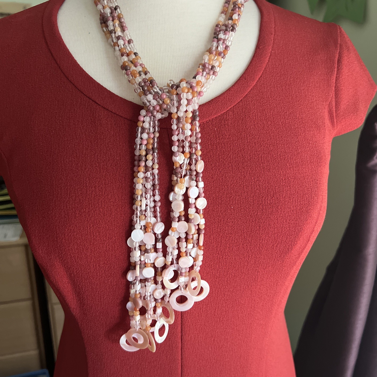 Beautiful Multi Strand Sajen Wrap Necklace Semi Precious Stones Bead MOP Shell