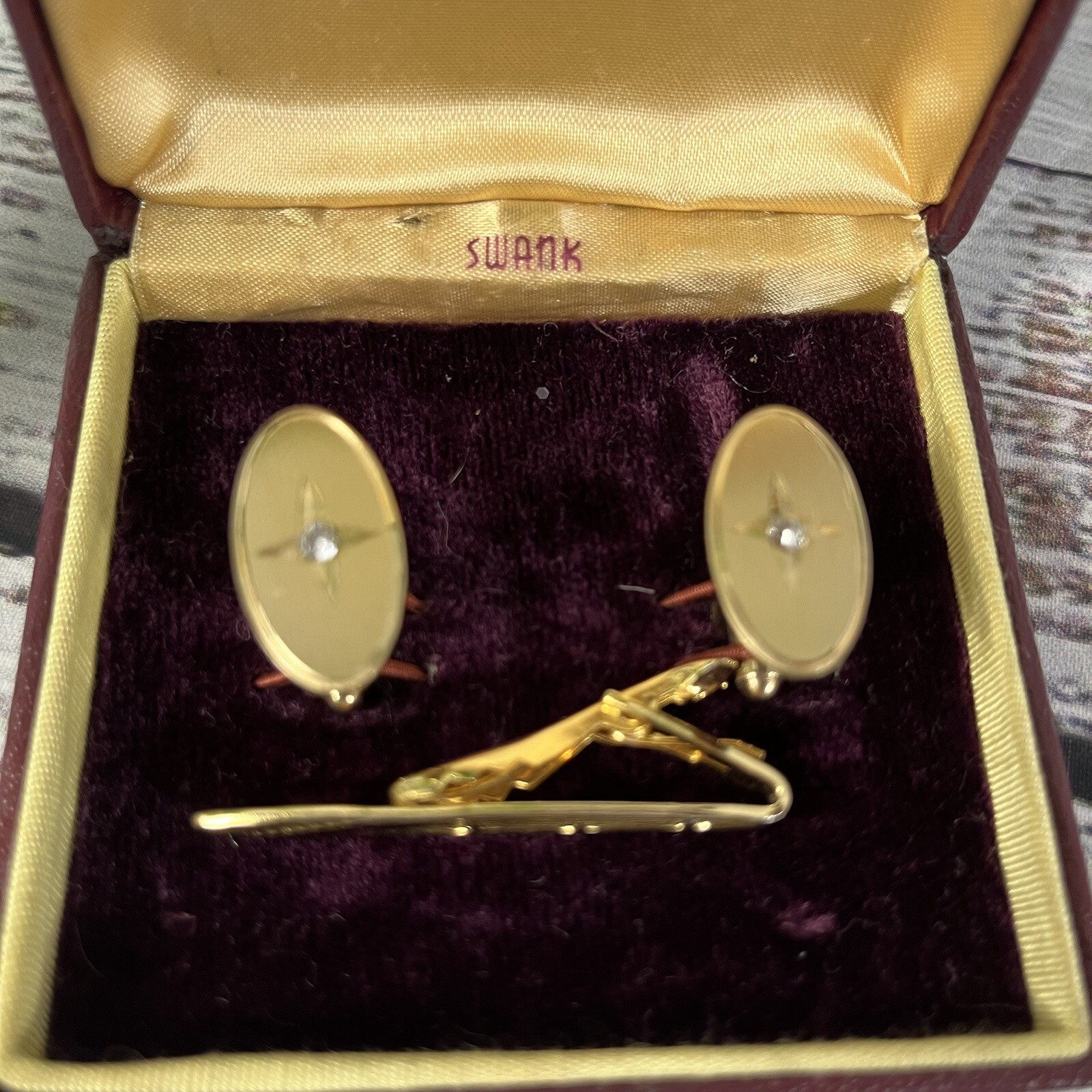 Swank Vintage Brushed Gold Faux Diamonds Mens Cufflinks & Tie Clip w/ Box