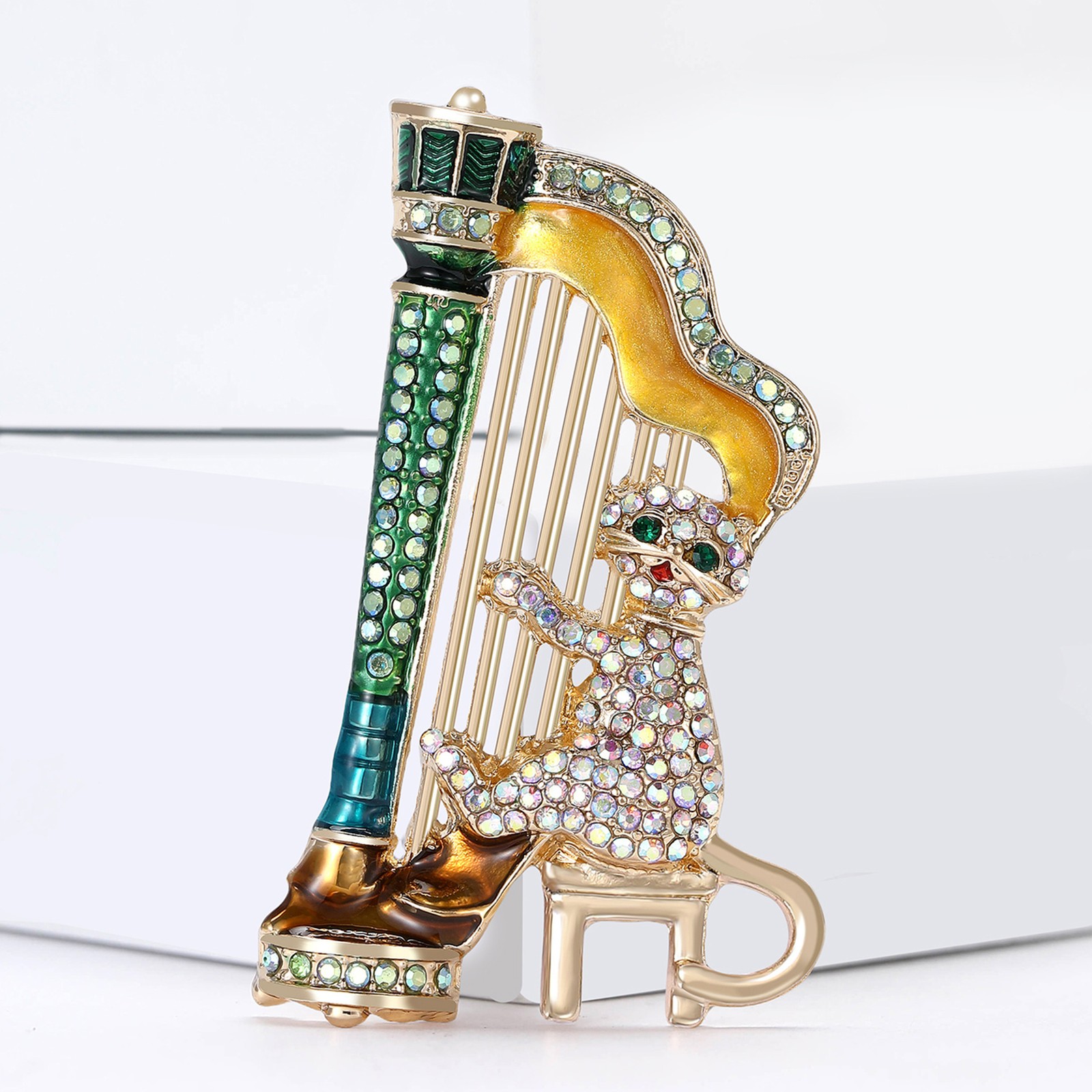 Creative Harp-Playing Cat Brooch Alloy Rhinestone Pin Women’s Clothing Accessory