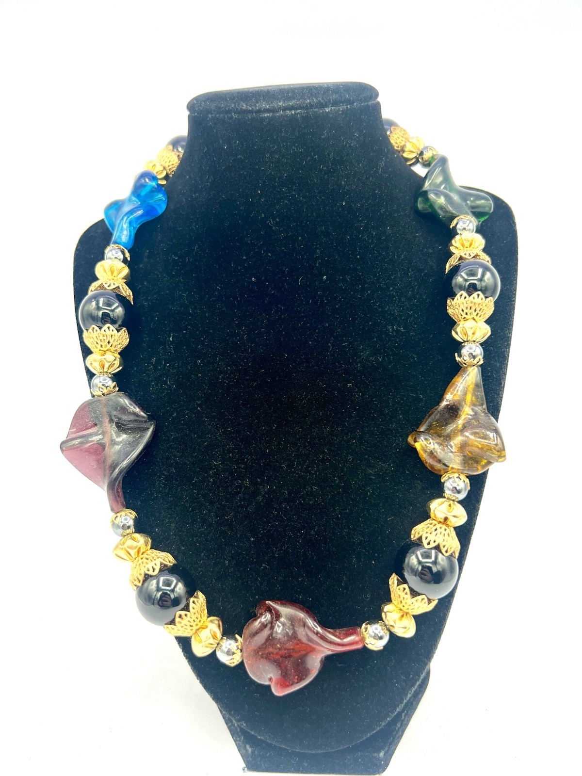 Vintage Chunky Colorful Handblown Glass Twist Necklace 16” RO-DO $200 NOS CB