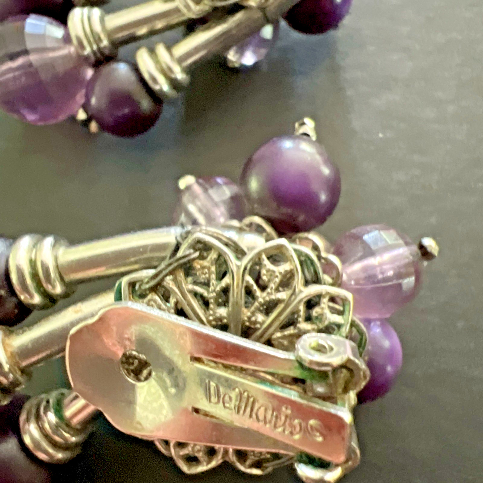 Vintage SIGNED DEMARIO AMETHYST & SILVER BEAD NECKLACE & EARRING SET / 6 STRAND