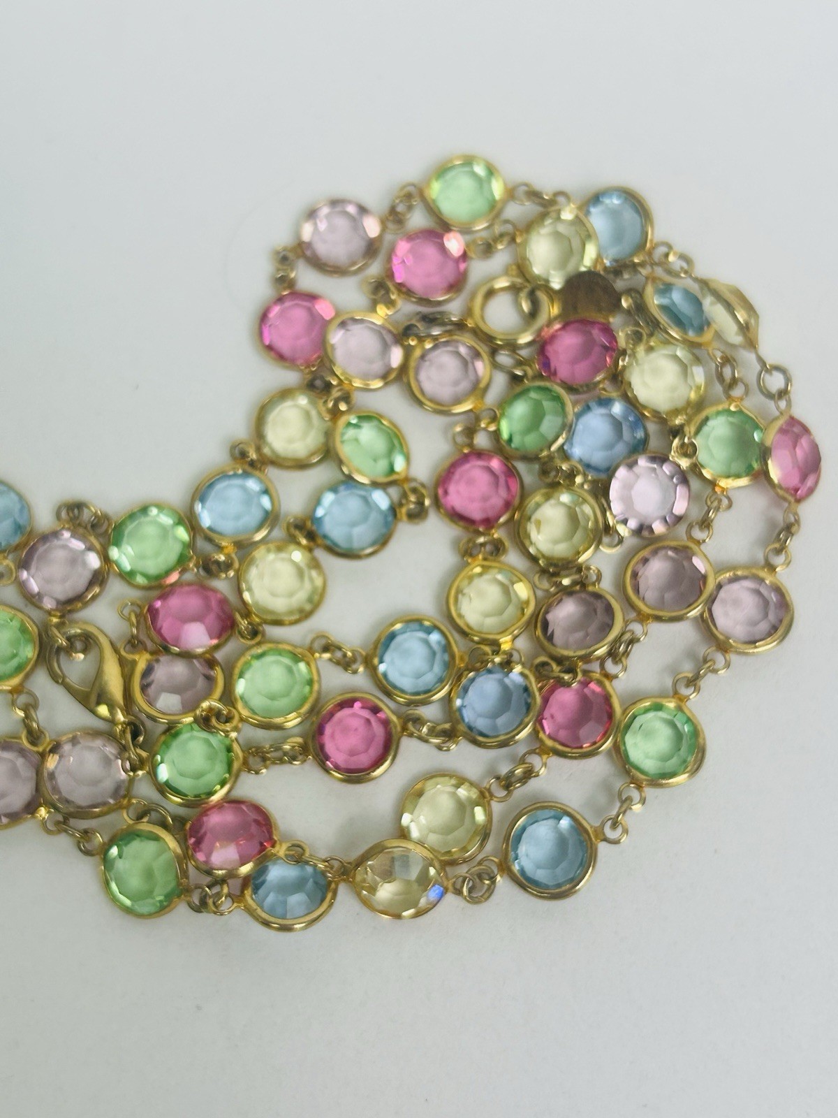 Vintage Bezel Set Multi Color Austrian USA Crystal Gold Tone Necklace Pink Blue