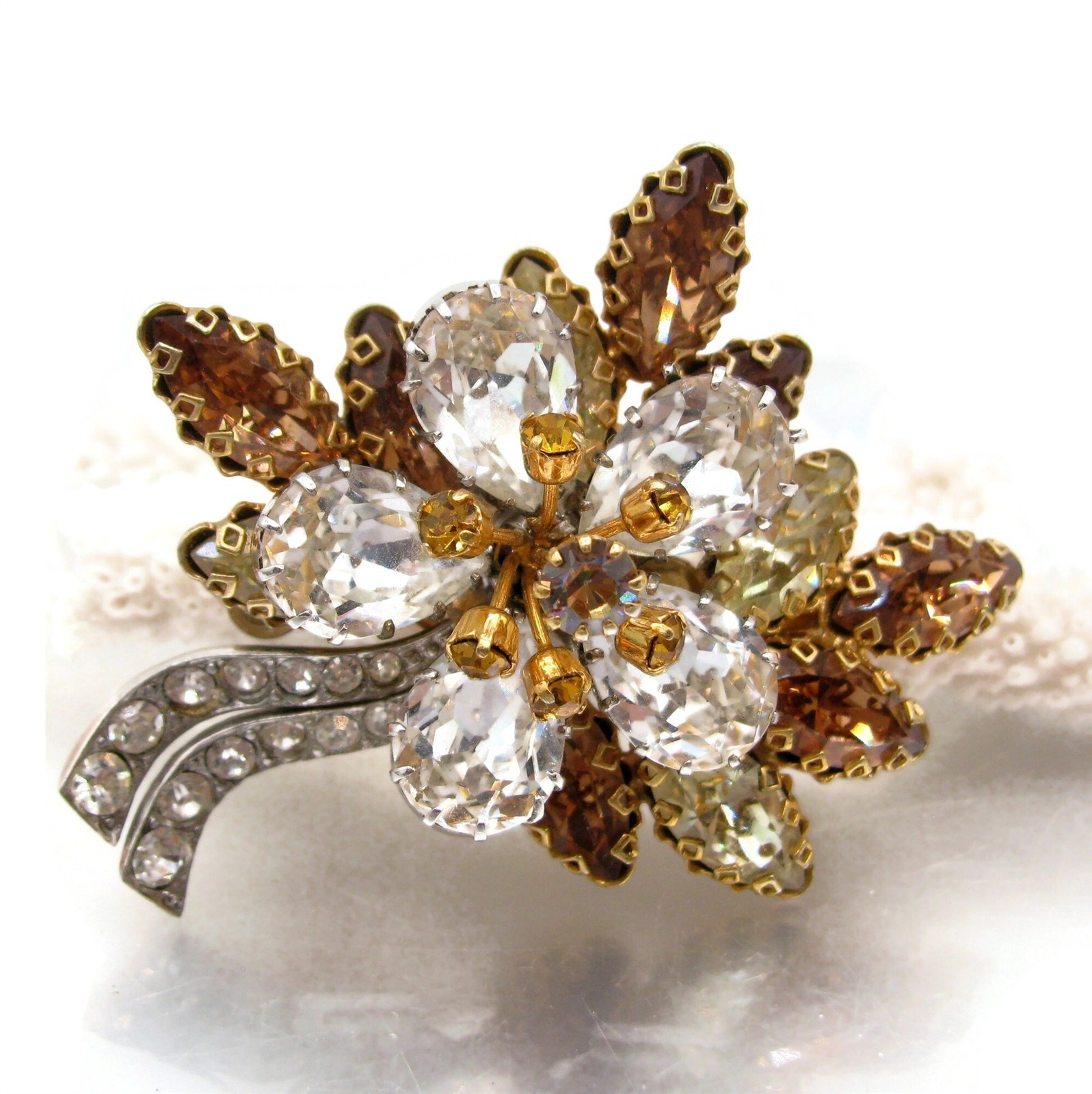 Amazing AUSTRIA Floral Rhinestone Pin Gold Silver Tone Austrian Brooch