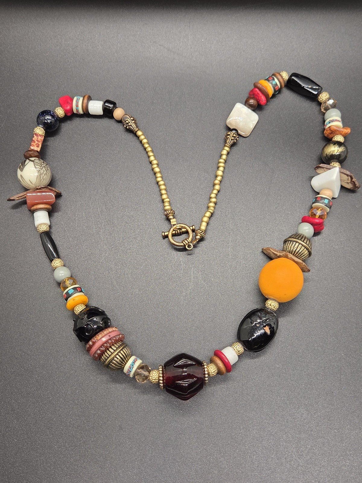 VTG Boho Necklace Artisan Glass Ceramic Lucite Stone Wood Fun Festival Beads 28″