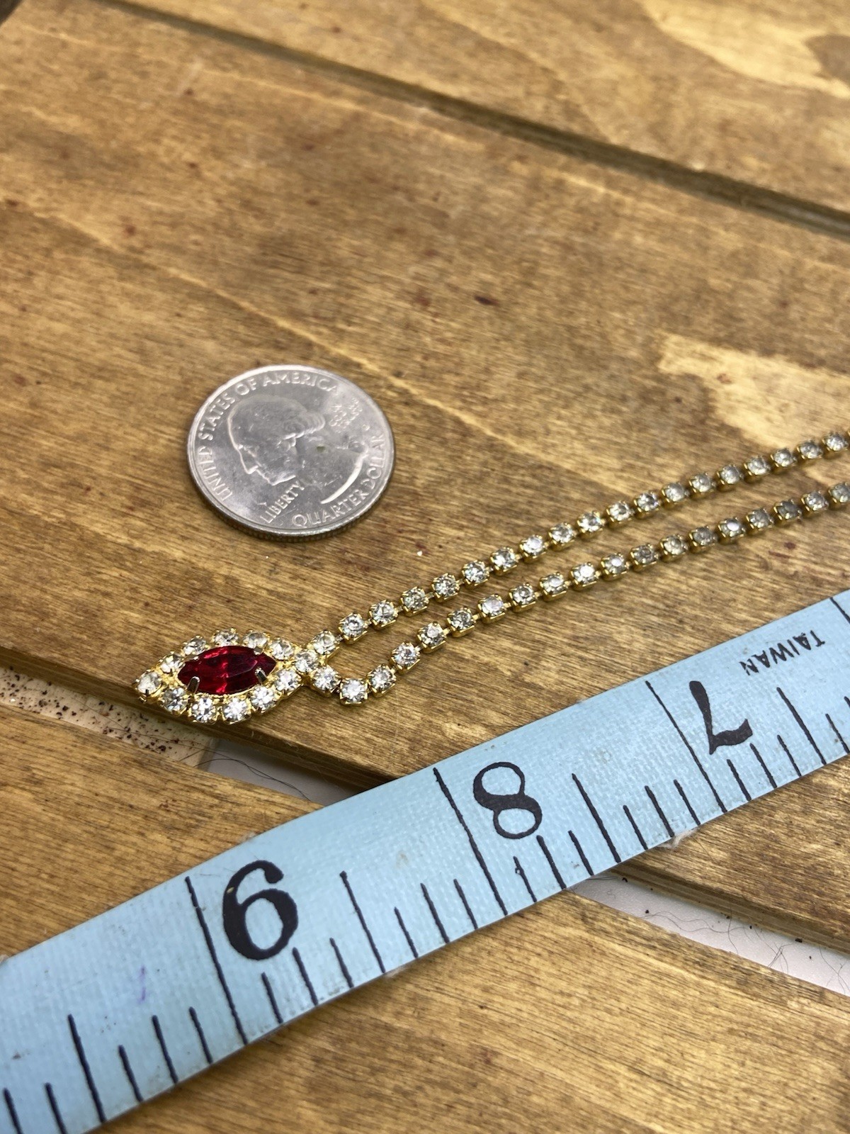Vintage Red & Clear Rhinestone Gold Tone Necklace & Earrings Set