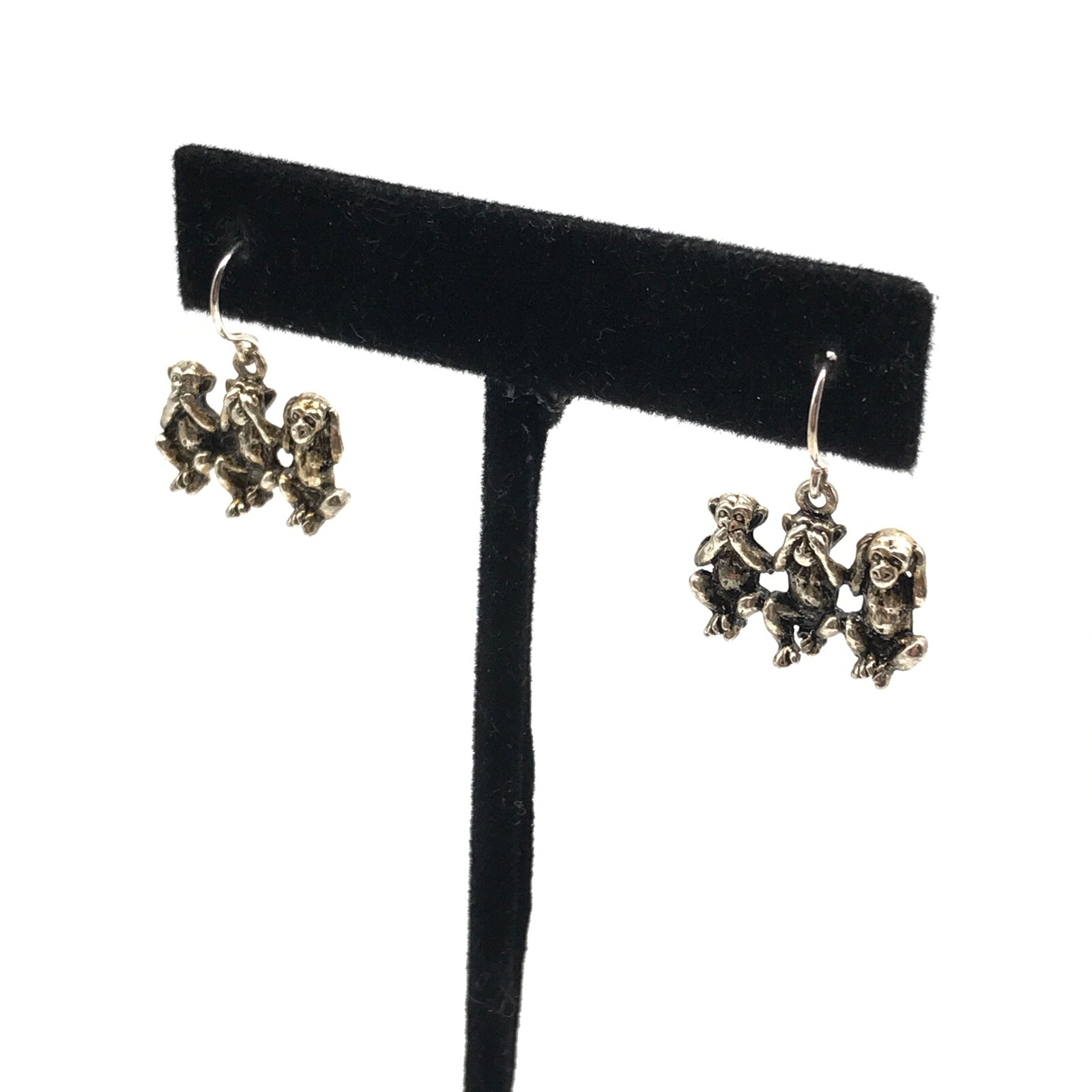 Vintage Silver Tone Triple Monkey Animal Themed Dangle Earrings