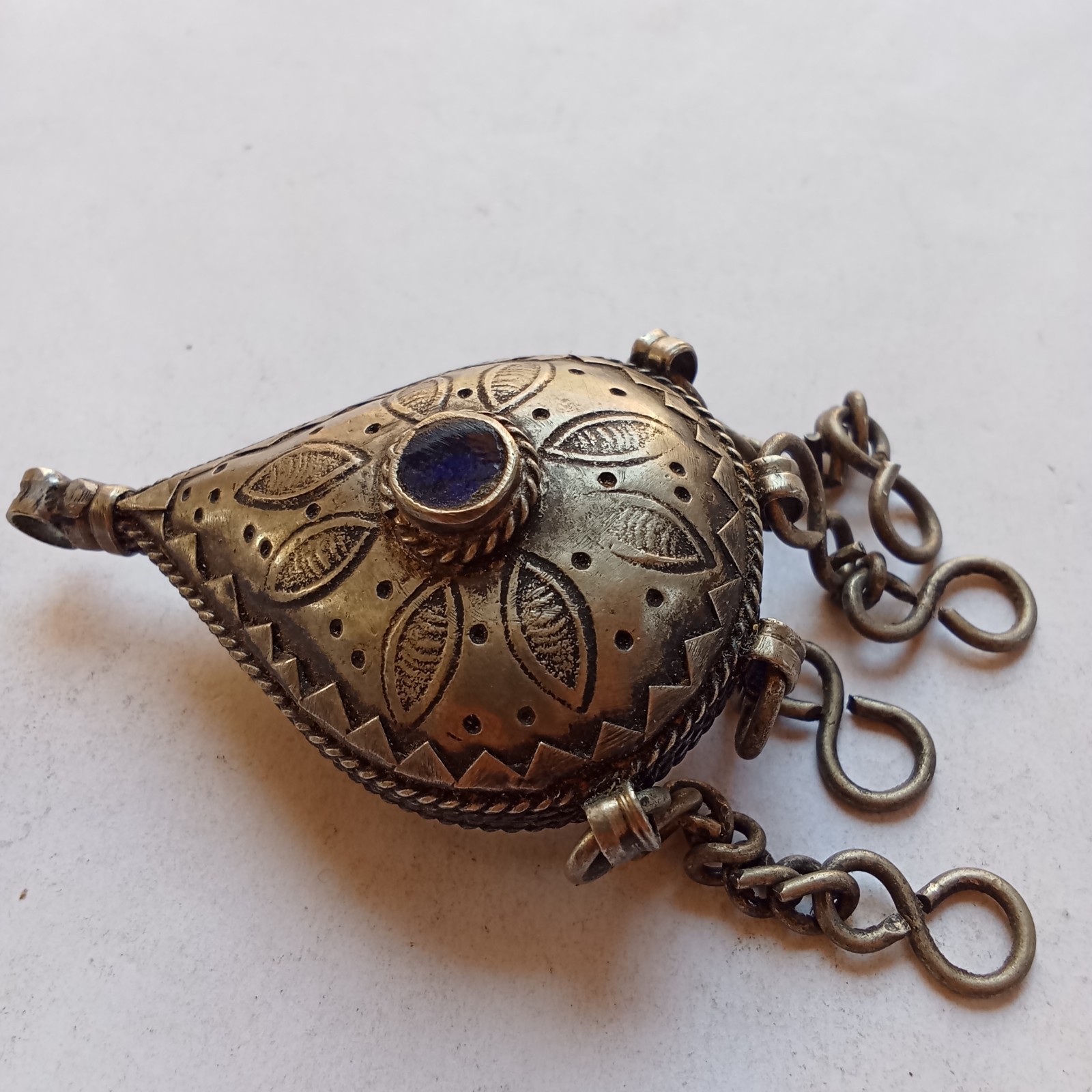 Antique Silver Tone Bedouin Prayer Box Necklace Dangle Bells