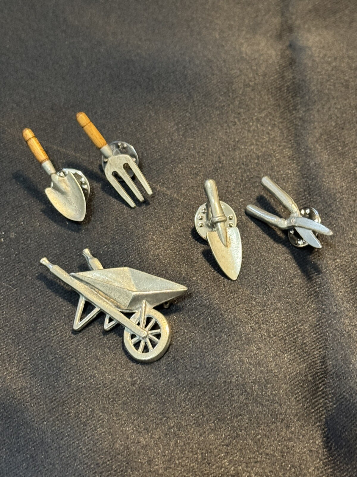 5 Piece Vintage Gardening Tool Pins By CLIFT Wheelbarrow, Shovel, Clippers