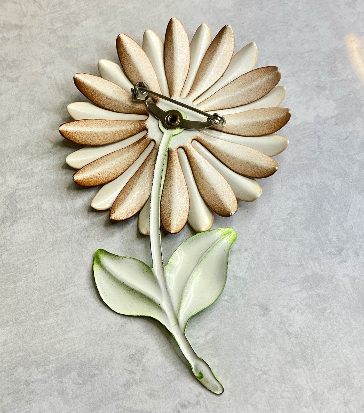 Vintage 60s Brooch Enameled Daisy Flower Cream Burnt Orange 4.25”