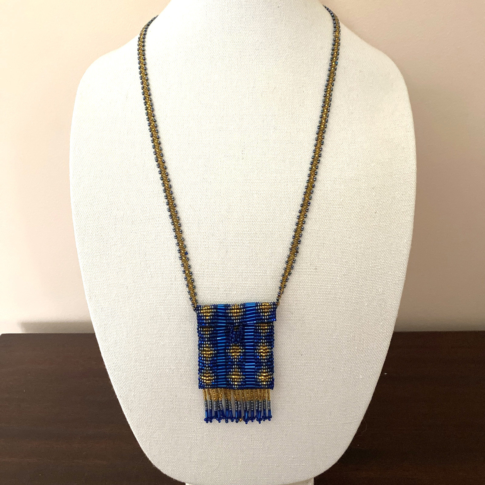 Vintage Blue & Gold Seed Bead Purse Pendant Necklace