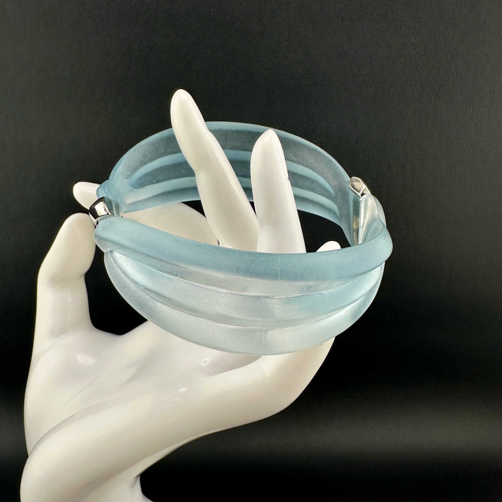 Vintage Lucite Bangle Bracelet Frosted Baby Blue Ribbed Dimensional Wave Signed