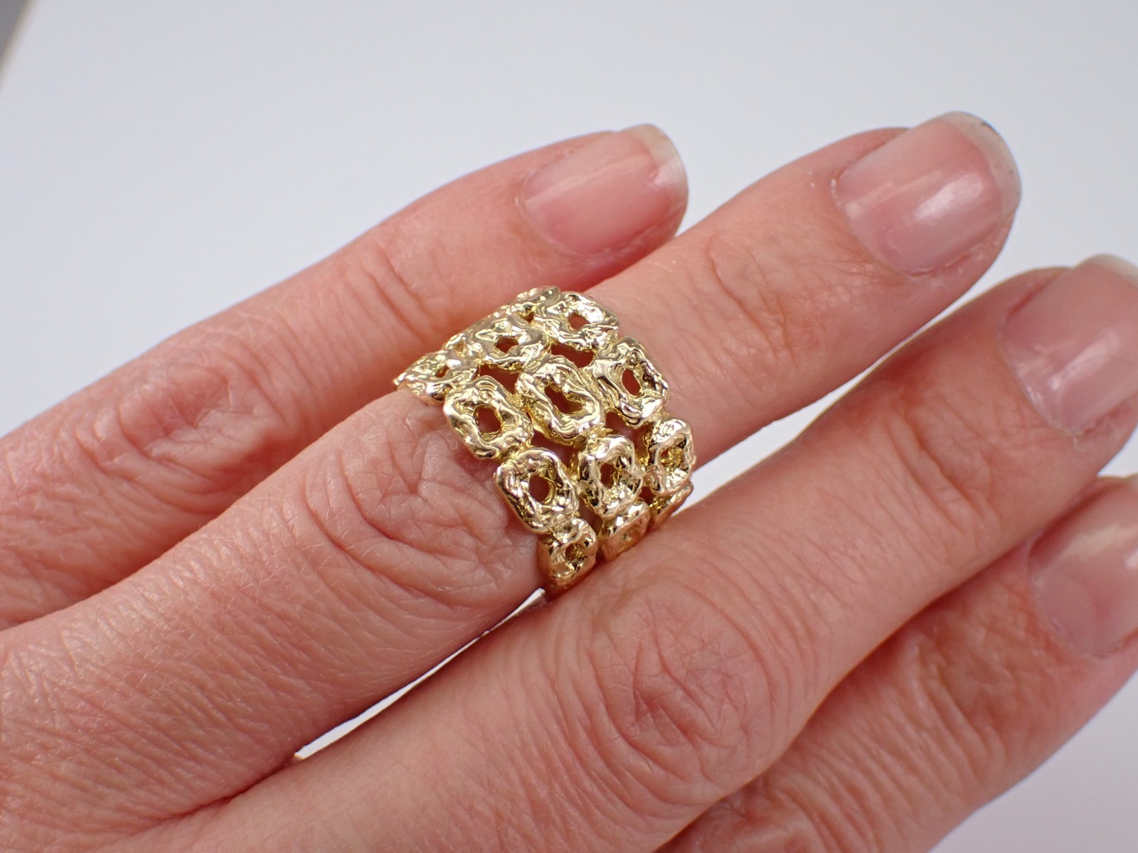 Vintage 14K Yellow Gold Multi Row Band Wide Right Hand Nugget Bamboo Chunky Ring