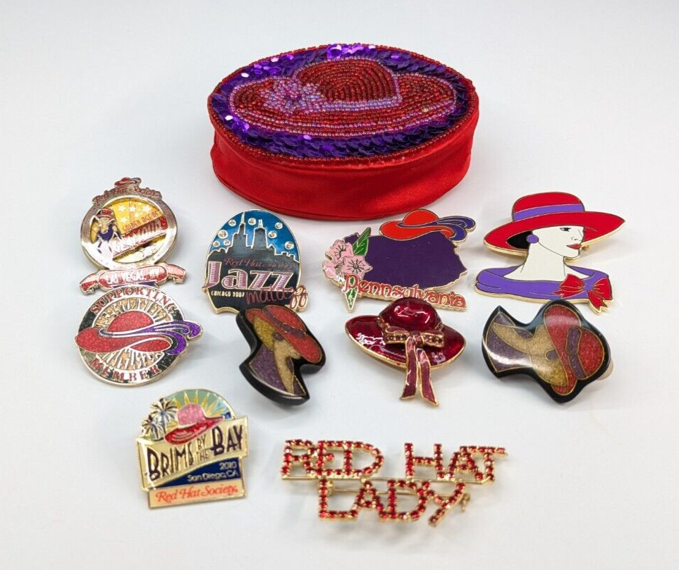VTG Lot of Red Hat Society Assortment of 10 Brooch Pins Earrings Zipper Pouch