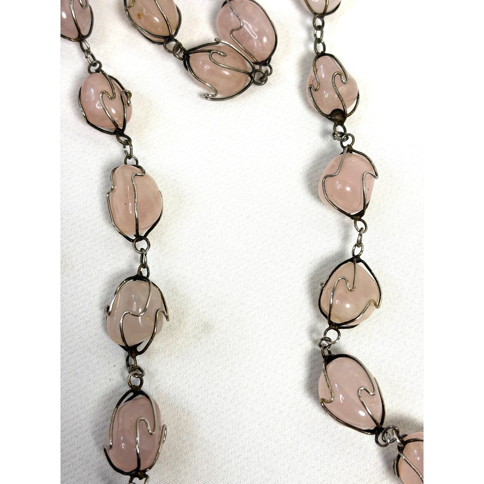Vintage Pink Rose Quartz Caged Stone Bead Necklace Jewelry Wired 36in