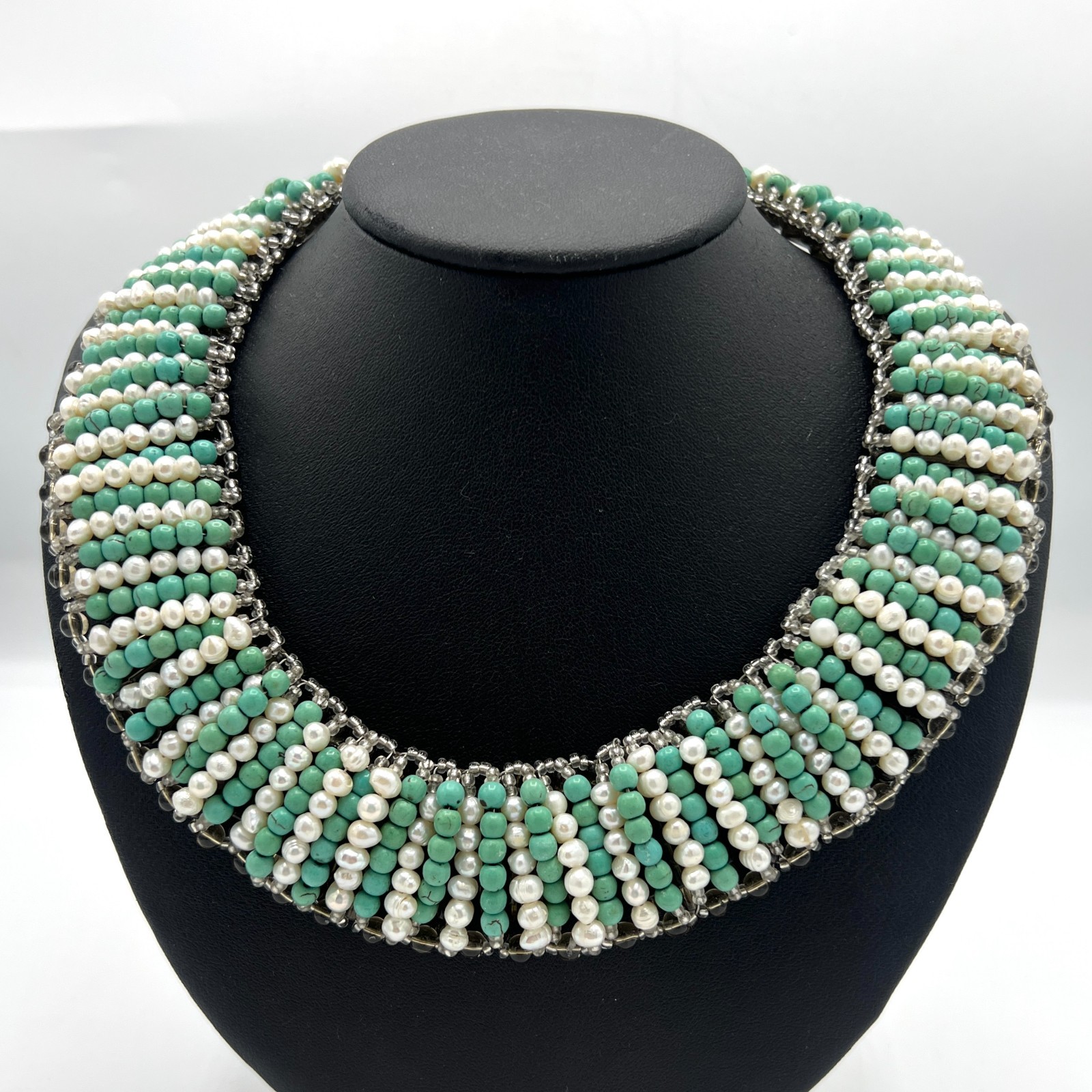 Vintage Turquoise & Freshwater Pearl Collar Necklace Sterling Silver 925 Clasp