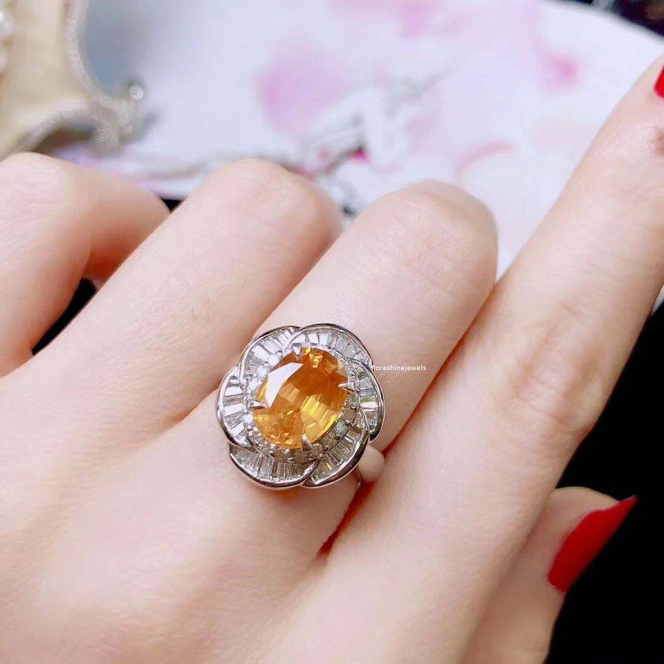 Orange Yellow Oval Shape 2.69CT Citrine With Sparkling White CZ Cluster Ring FN