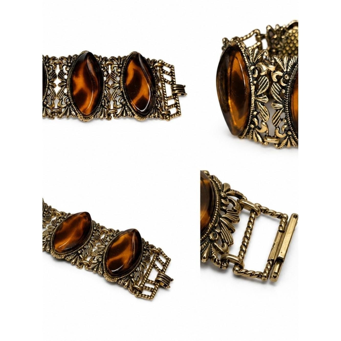 Vintage Tortoise Shell Resin Cuff Bracelet Wide Filigree Gold Tone Statement 6.5