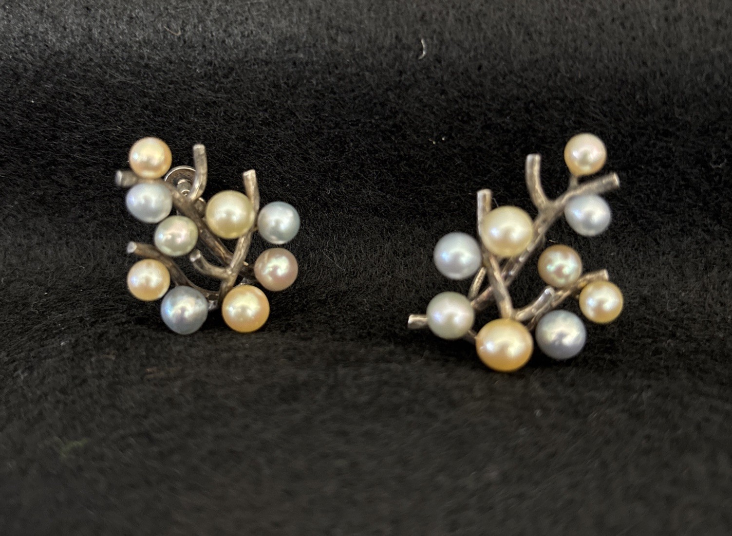 Vintage Ming’s Screwback Earrings; Silver Blue & White Akoya Pearls.