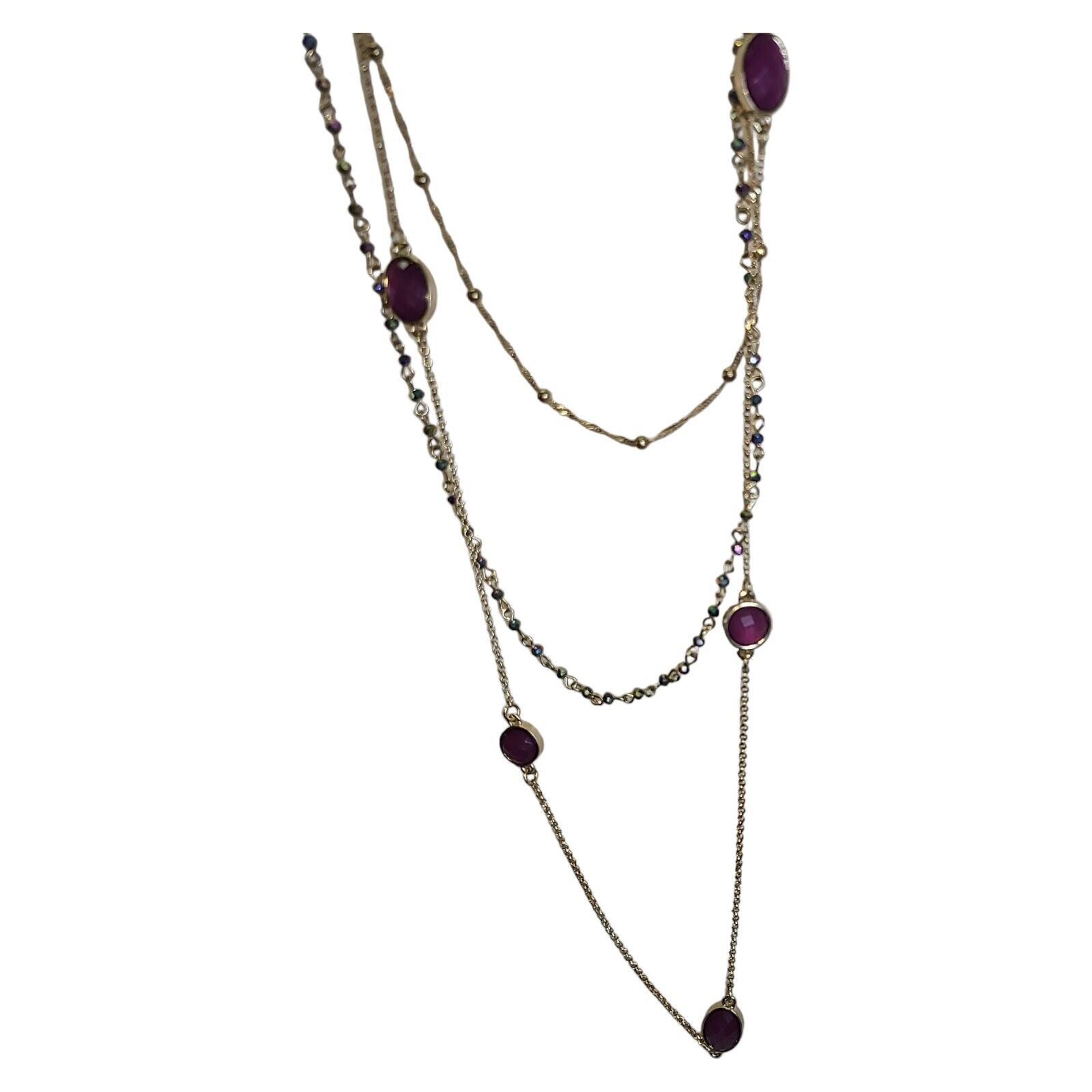 Gold Tone 3 Strand Aurora Borealis Crystal & Pink Acrylic Station Necklace 32″