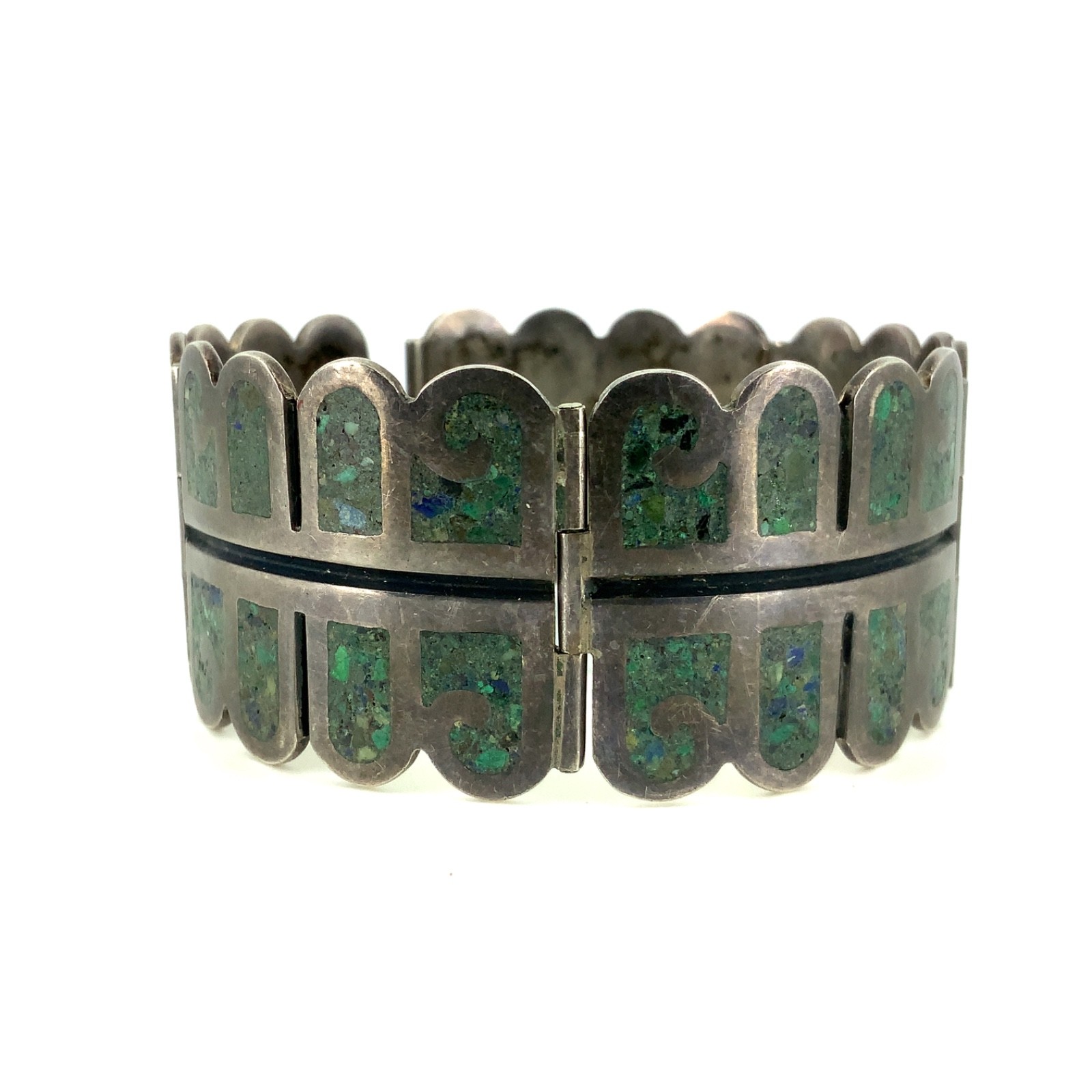 RQH Vintage Mexican Turquoise Chip Inlay, Sterling Silver Hinged Panel Bracelet