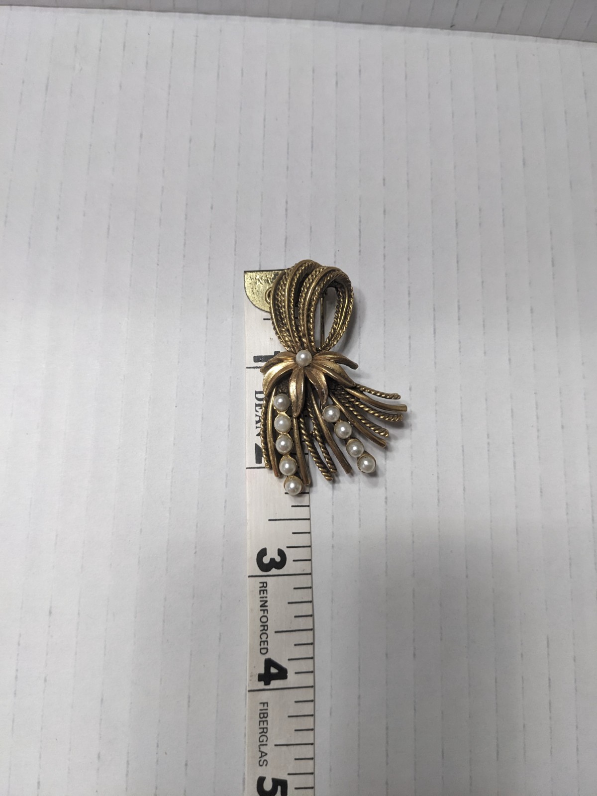 Vintage Gold Tone Bow Brooch with Faux Pearls and Rollover Safety Clasp Chic