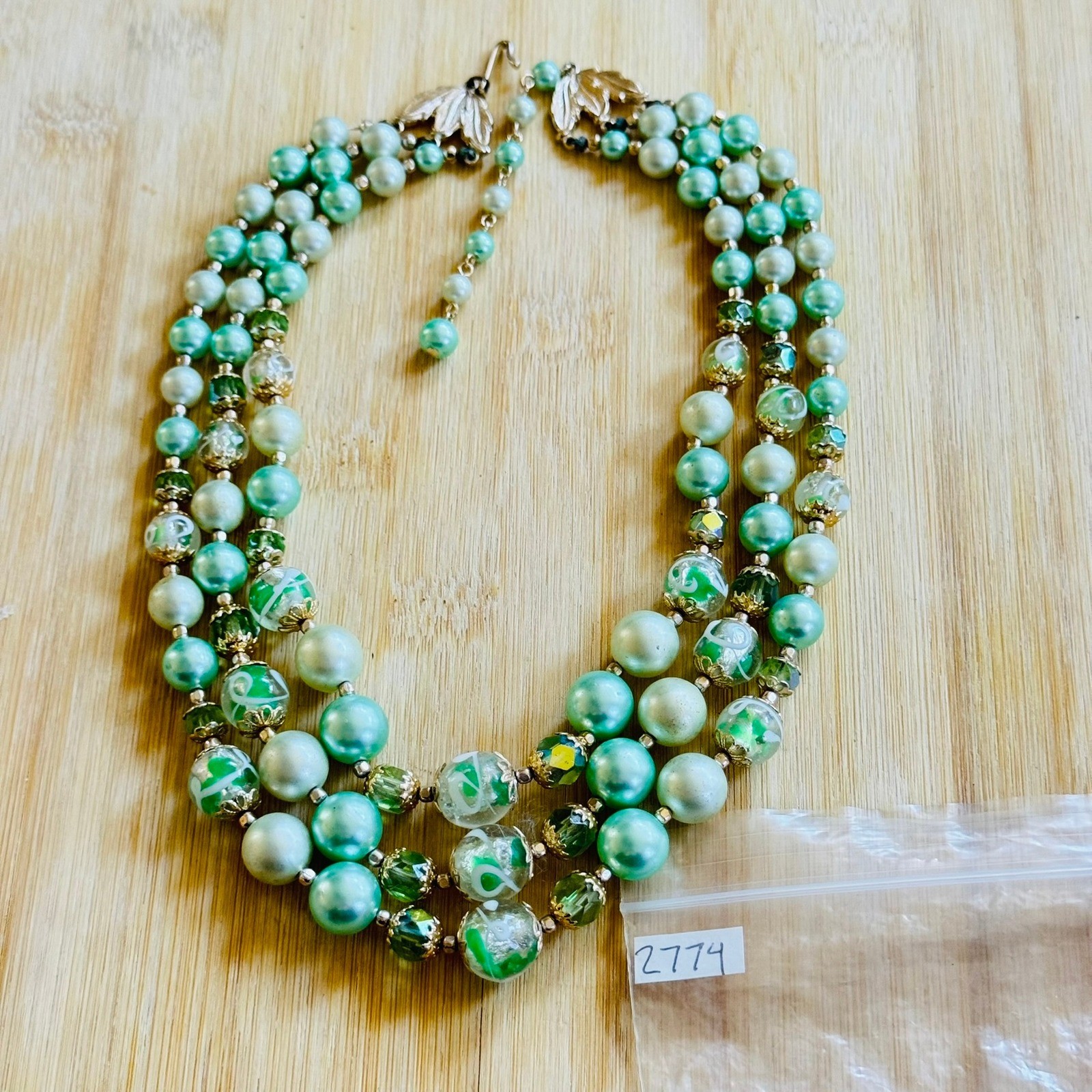 Japan Necklace VTG Pearl Green Glass AB crystal Multi Beads triple strand 18″