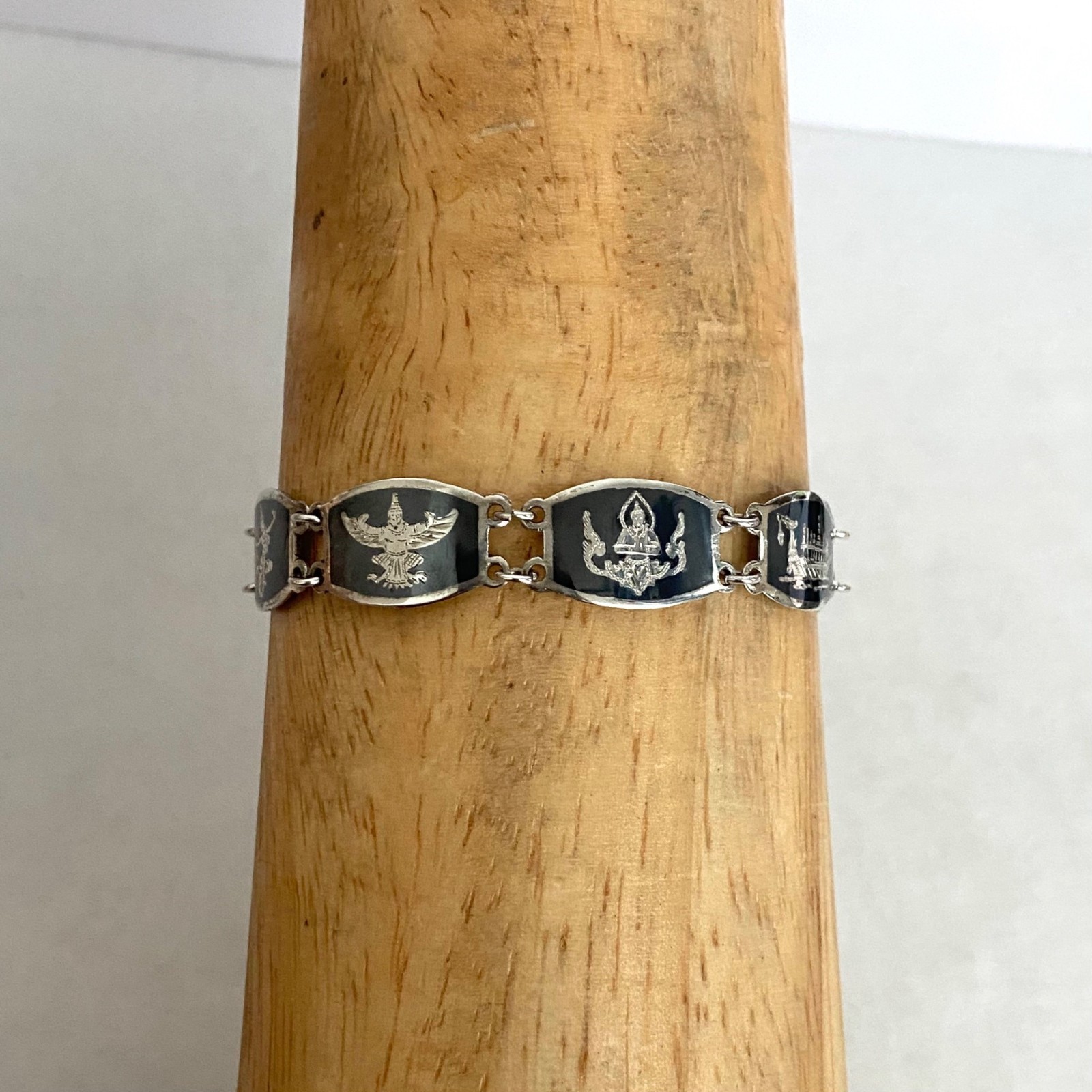 Signed SIAM Thai Sterling Silver 925 Black Niello Garuda Panel Bracelet 6.75″