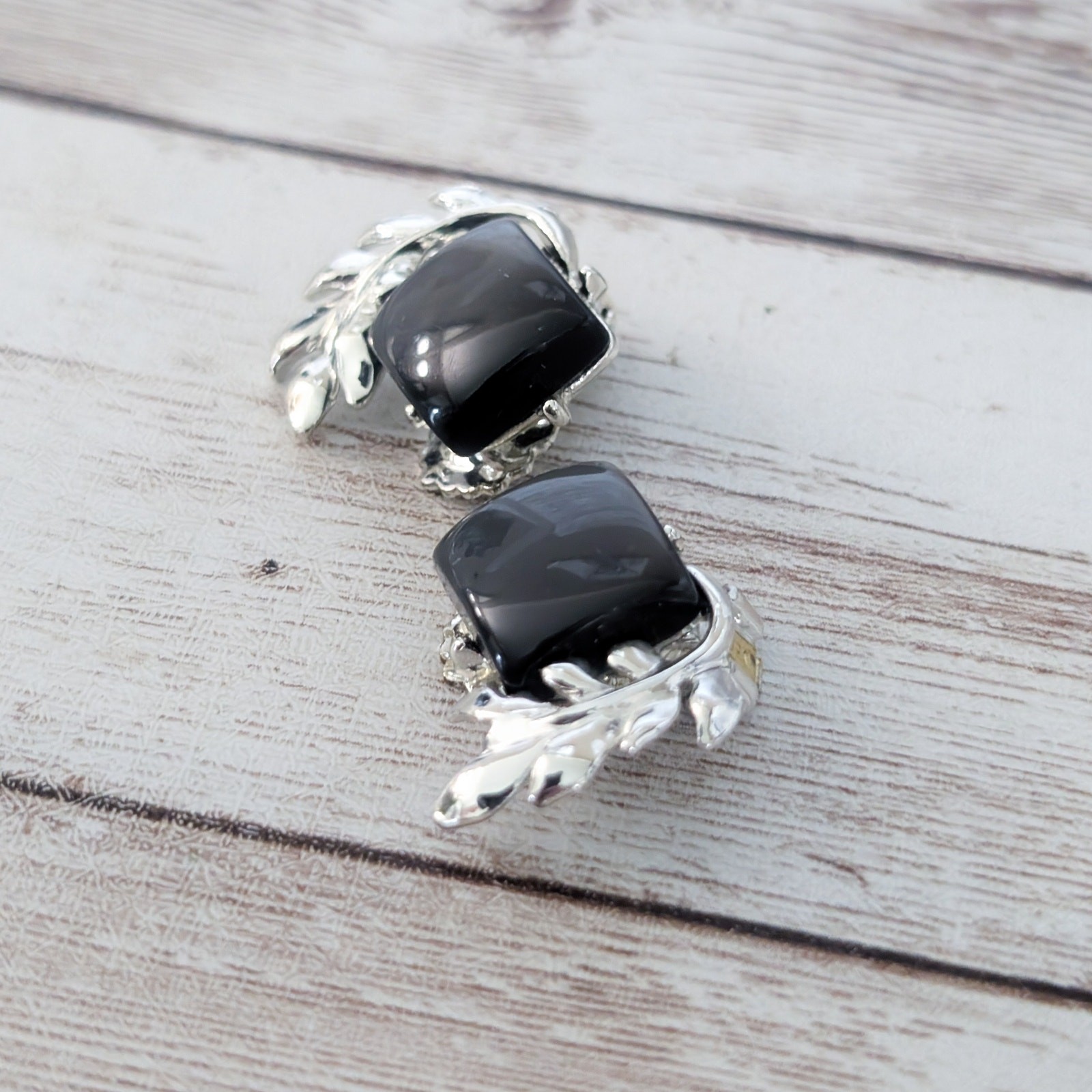 Vintage Clip On Earrings Regal Black with Silver Tone Branch Statement