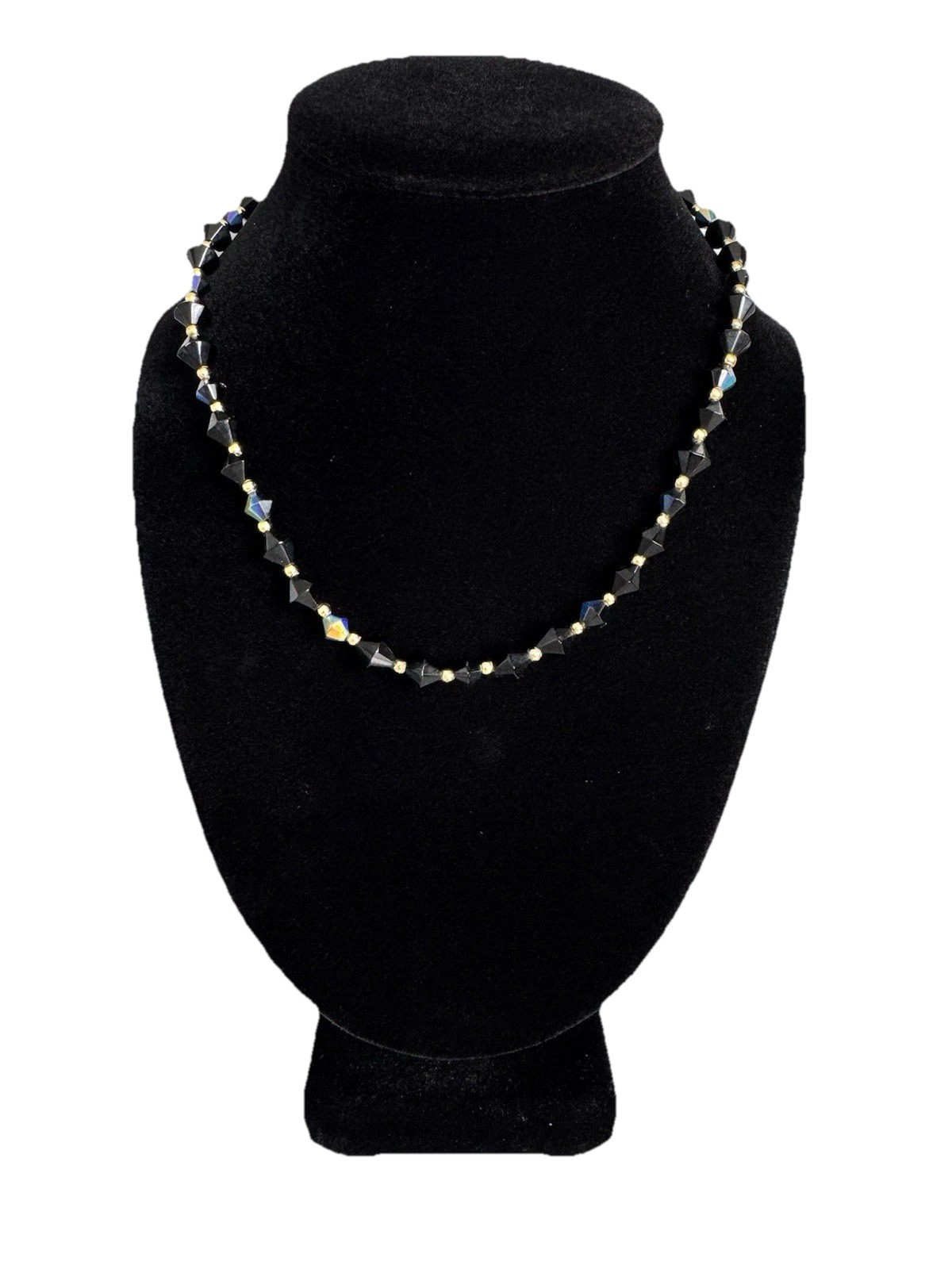 Vintage Bicone Cut Black Aurora Borealis Crystal Bead Gold Tone Accent Necklace