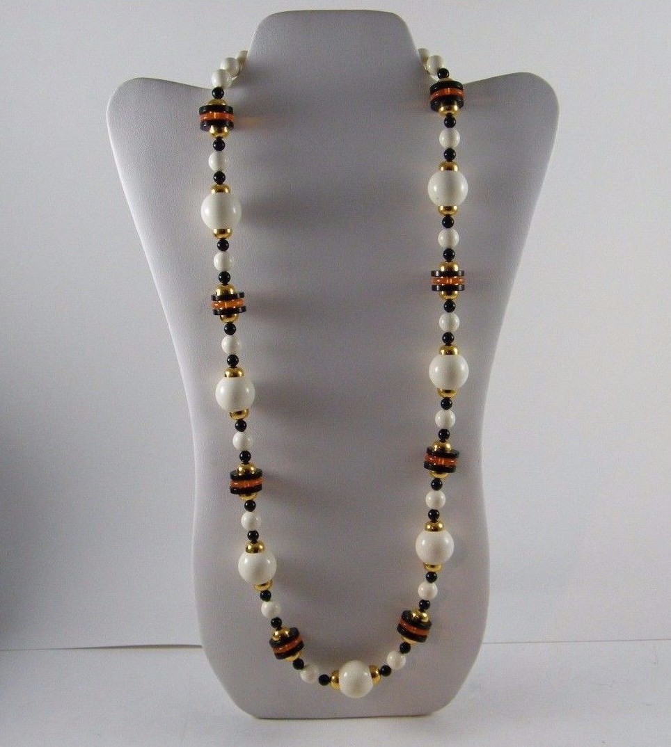 VINTAGE NEW TRIFARI ~ CREAM / BLACK / ORANGE / GOLD TONE BEAD ~ 30″ NECKLACE
