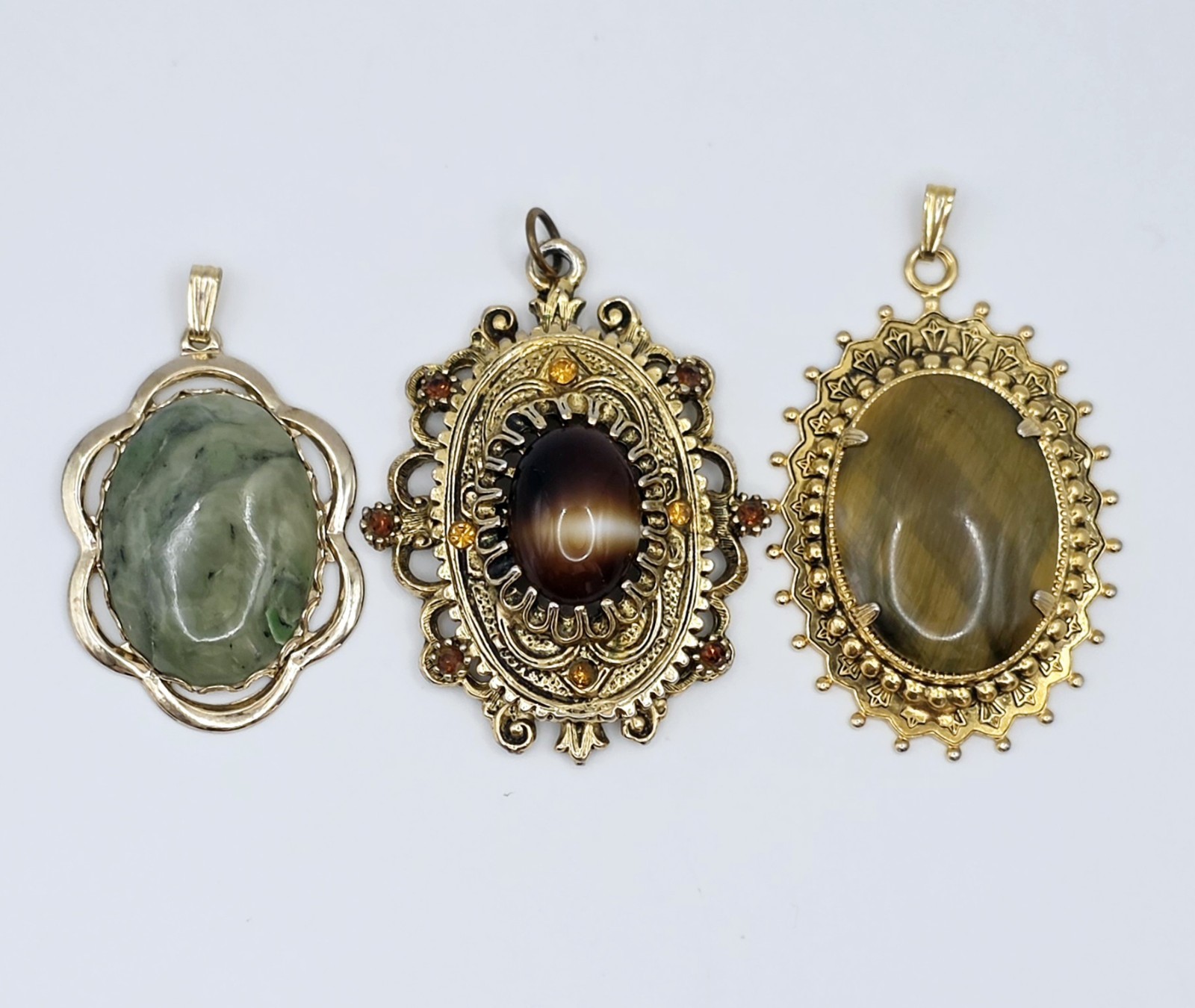 Vtg Mid Century Costume Jewelry Pendant Lot 3 Celebrity NY Tiger Eye Jade