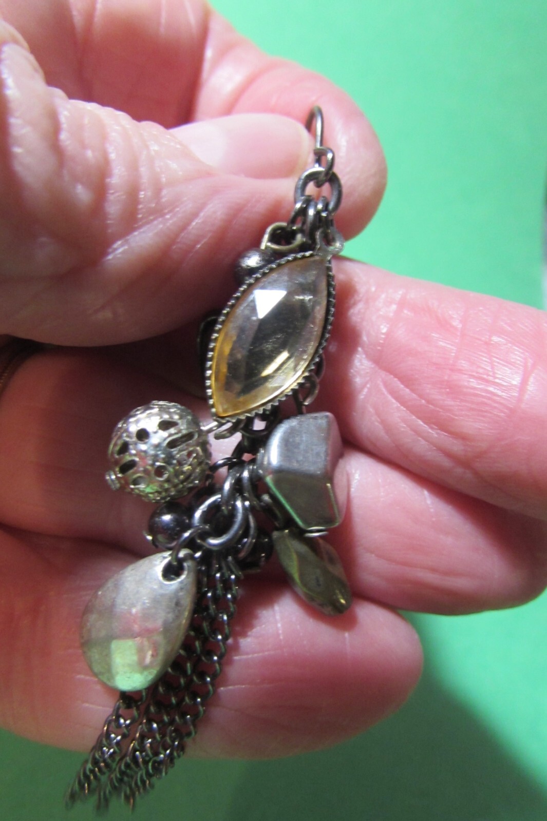 VINTAGE pierced earrings – silvertone/black/amber color metallic – about 3″ long