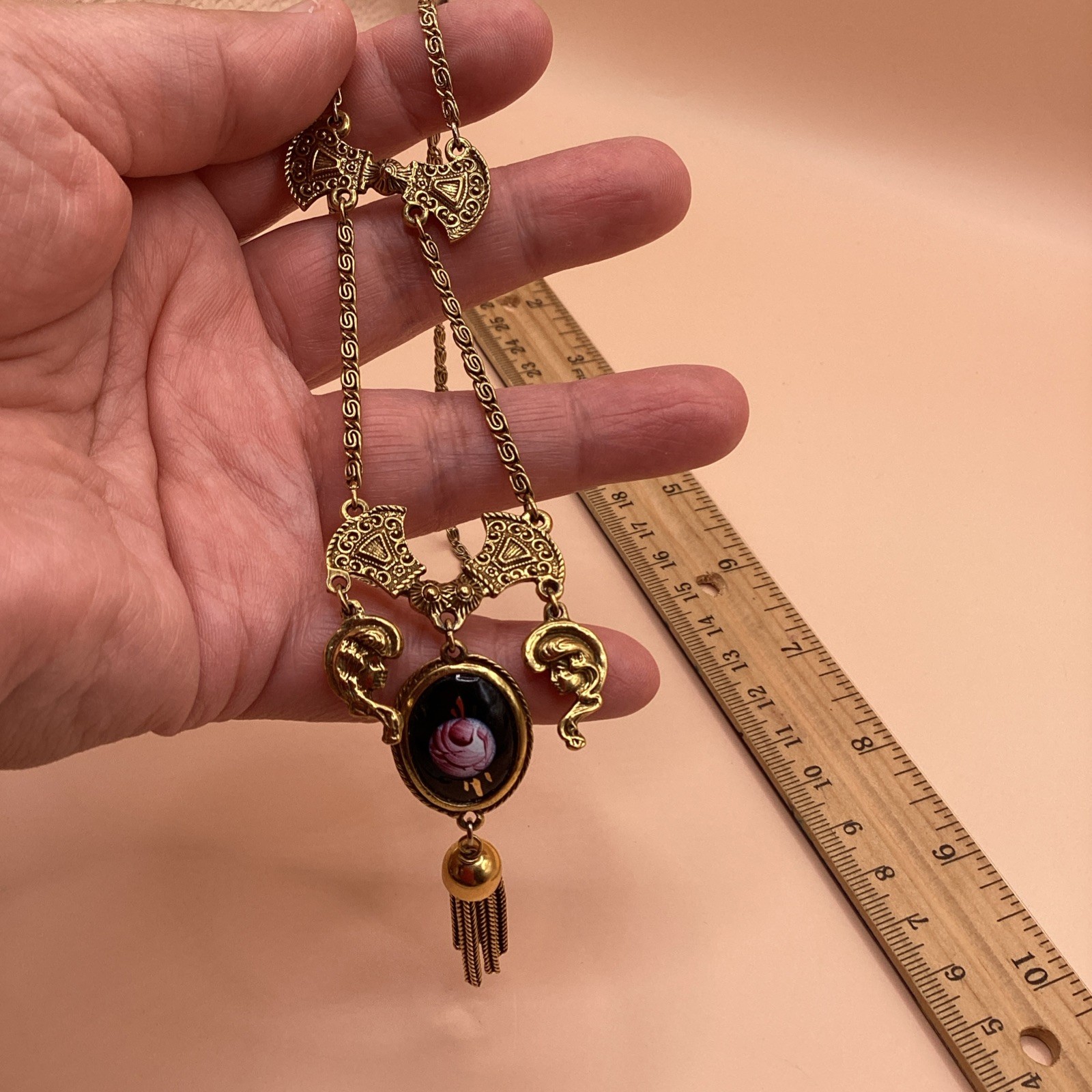 Victorian Revival Gold Tone Pendant Necklace W/ Black Oval Cameo Hand Painted