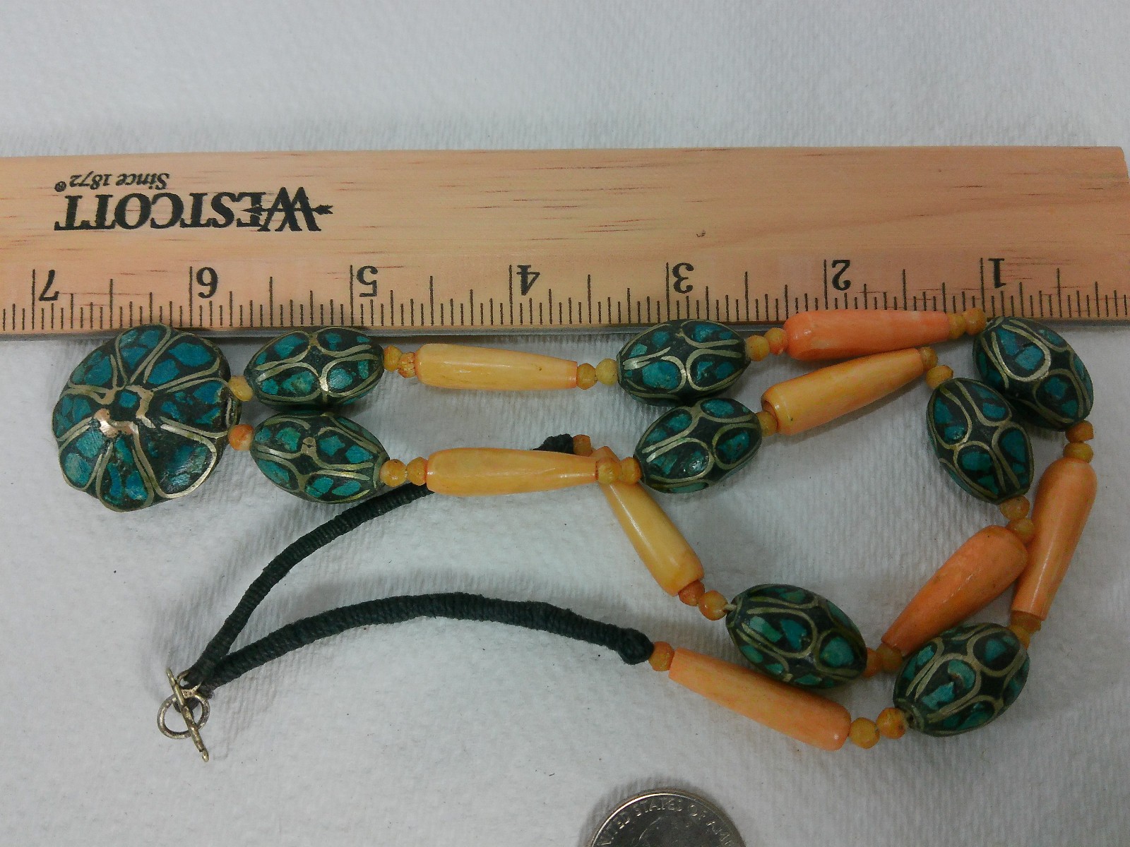 Vtg Turqoise Chip Inlay Silver Cow Bone Beaded Tribal Flower Pendant Necklace