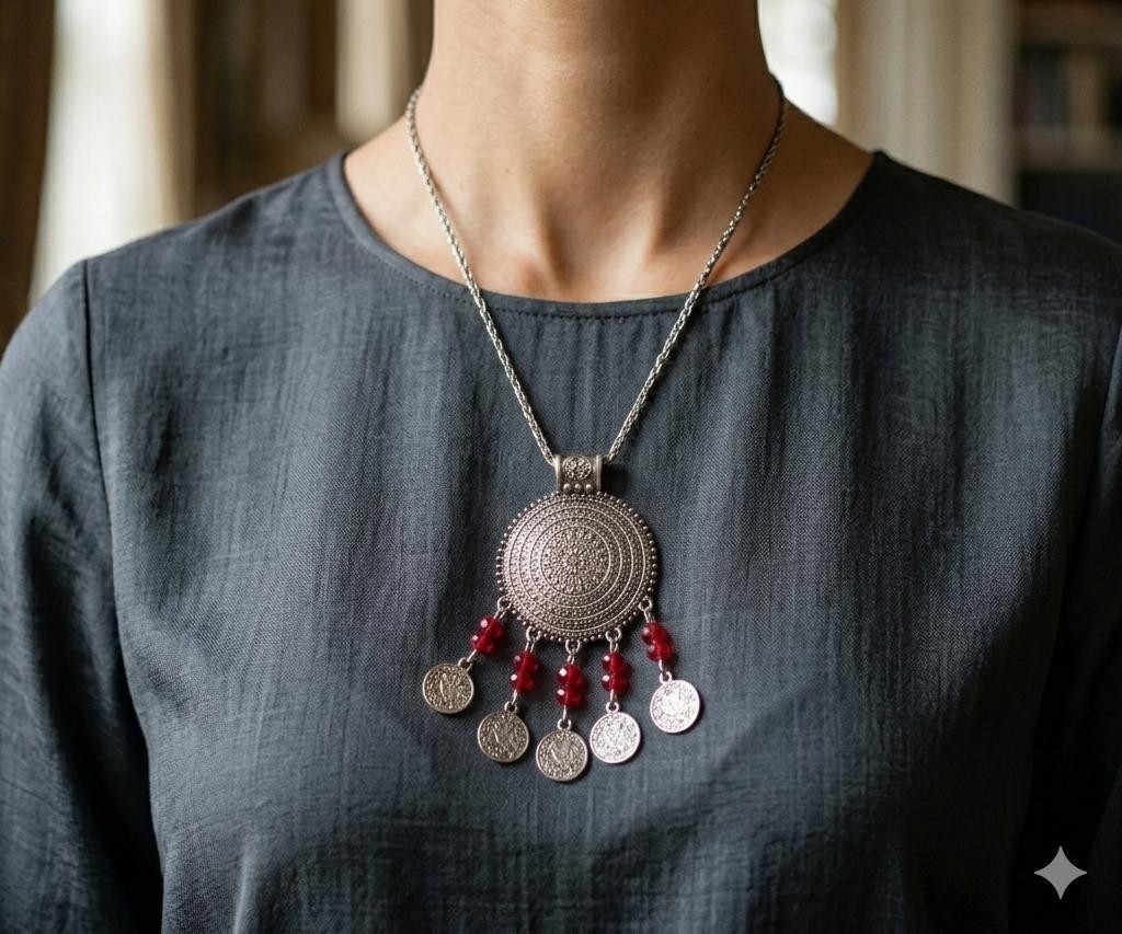 Vintage Silver ToneBoho Ethnic Necklace Coins Pendant Red Beads Womens Jewelry