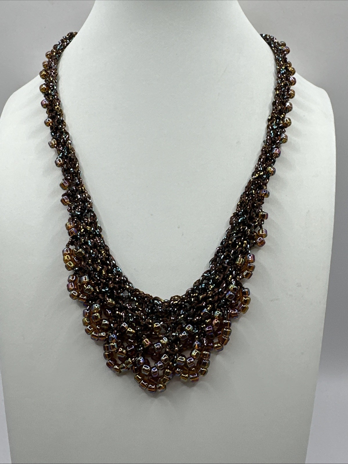 Vintage Iridescent Bead Fringe Collar Bib Crochet Choker Necklace 18”