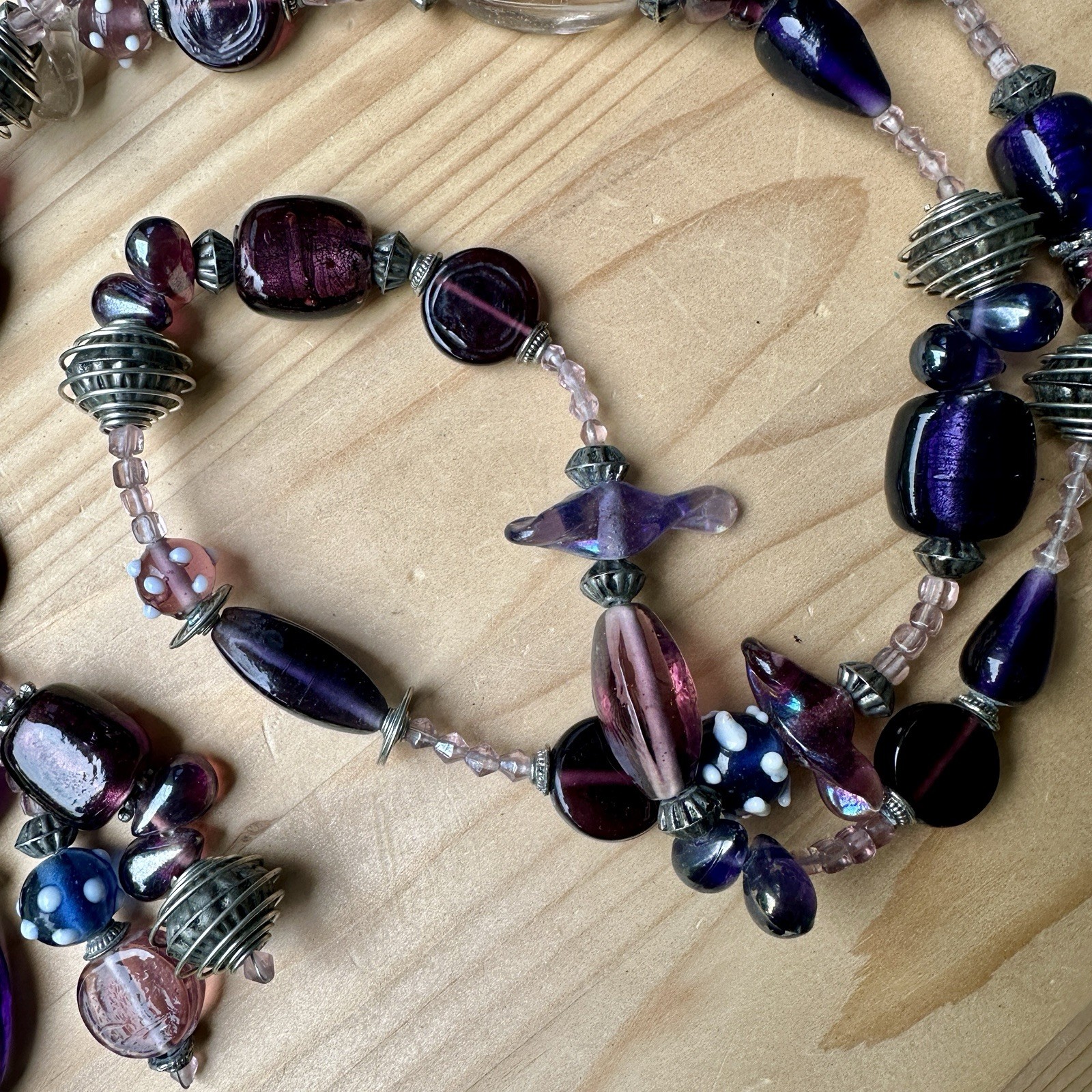 VTG Artisan Beaded Necklace 41 Inch Metal Art Glass Statement Tassel Multicolor