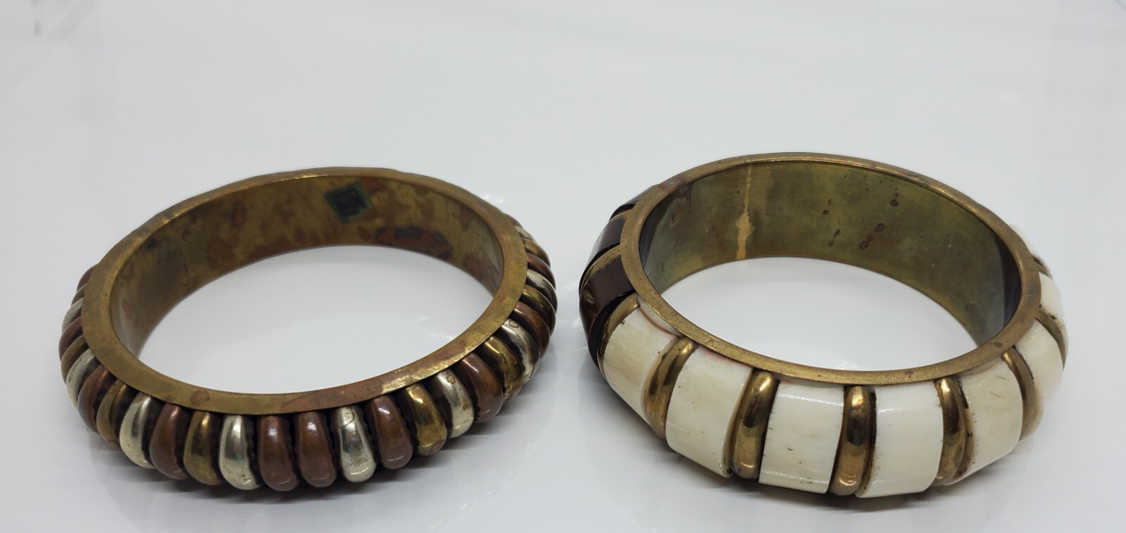 Vintage Wood Metal Bangle Bracelet White Brown Gold Lot of Two
