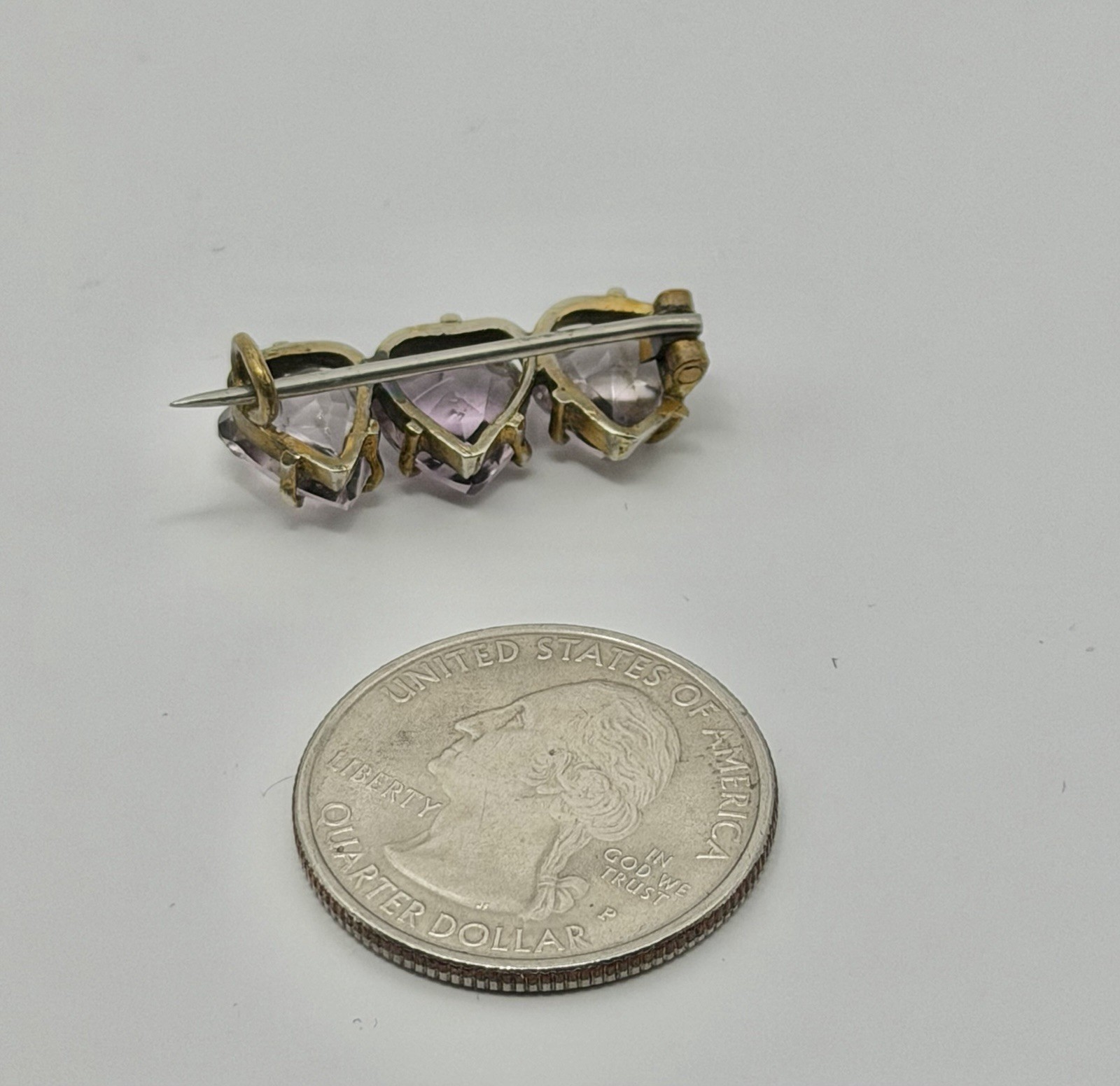 Antique Victorian 3 Light Purple Paste Hearts Goldtone Bar Brooch