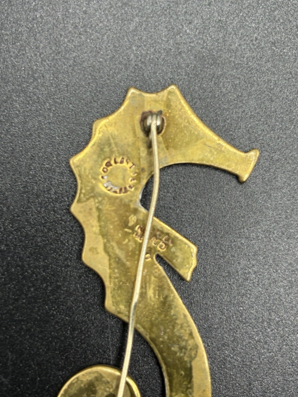 Vintage Los Castillo Taxco Brooch Seahorse Pin Inlay MOP Brass Signed 3” Read
