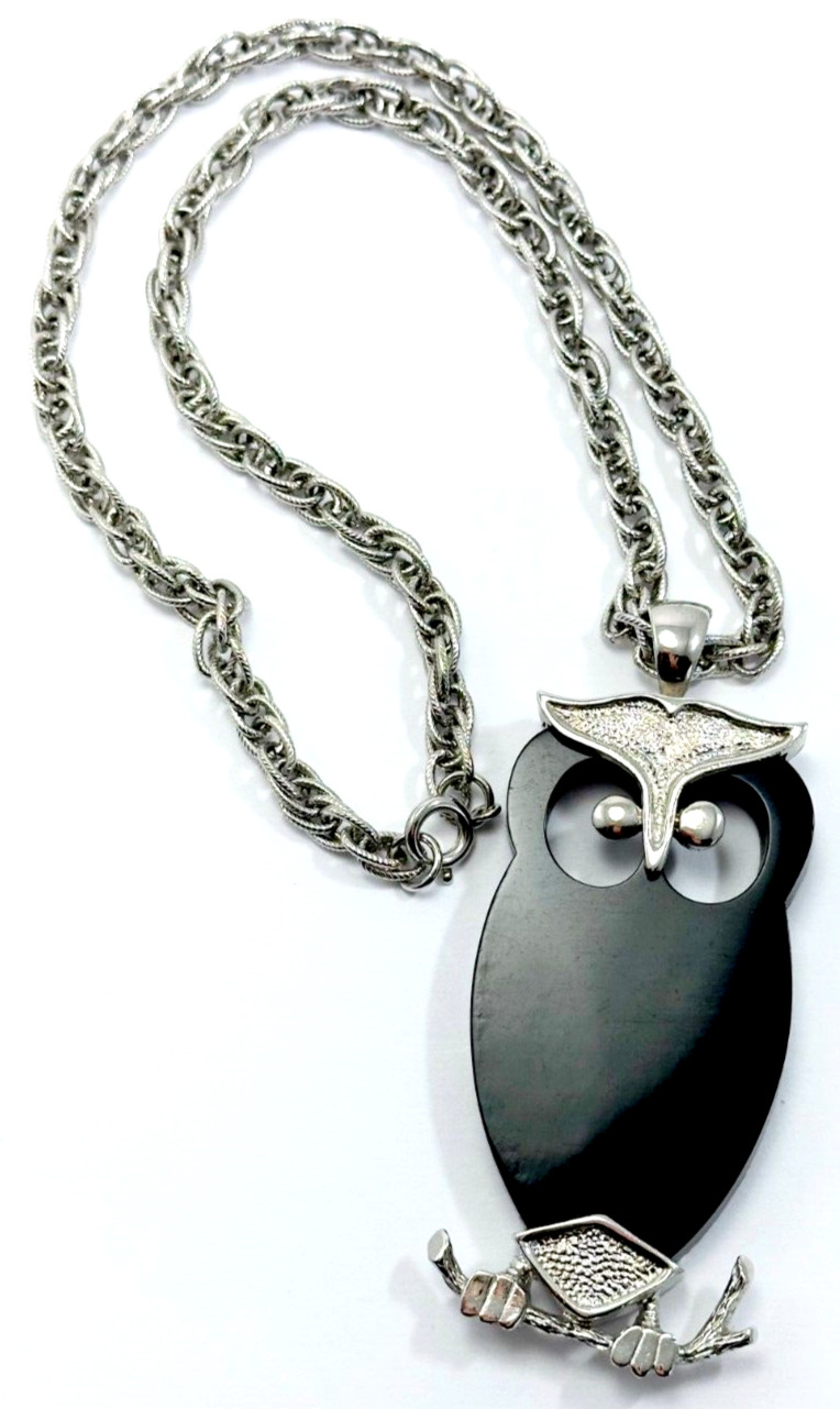 Silver Tone Necklace With Silver & Black Acrylic Owl Pendant Vintage