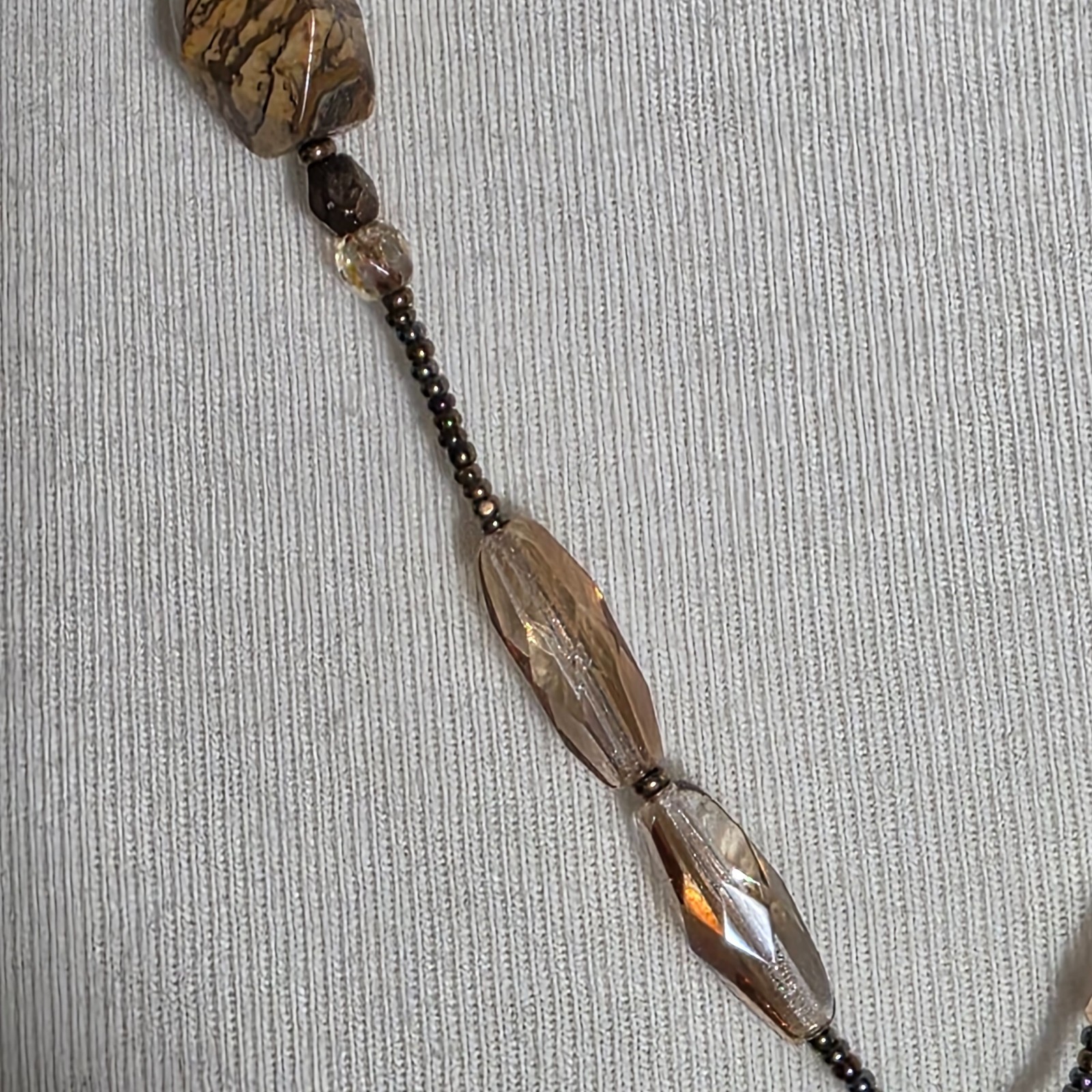 Beaded Lariat Necklace Large Irregularly Shaped Stone Earth-Tone Mix of Beads
