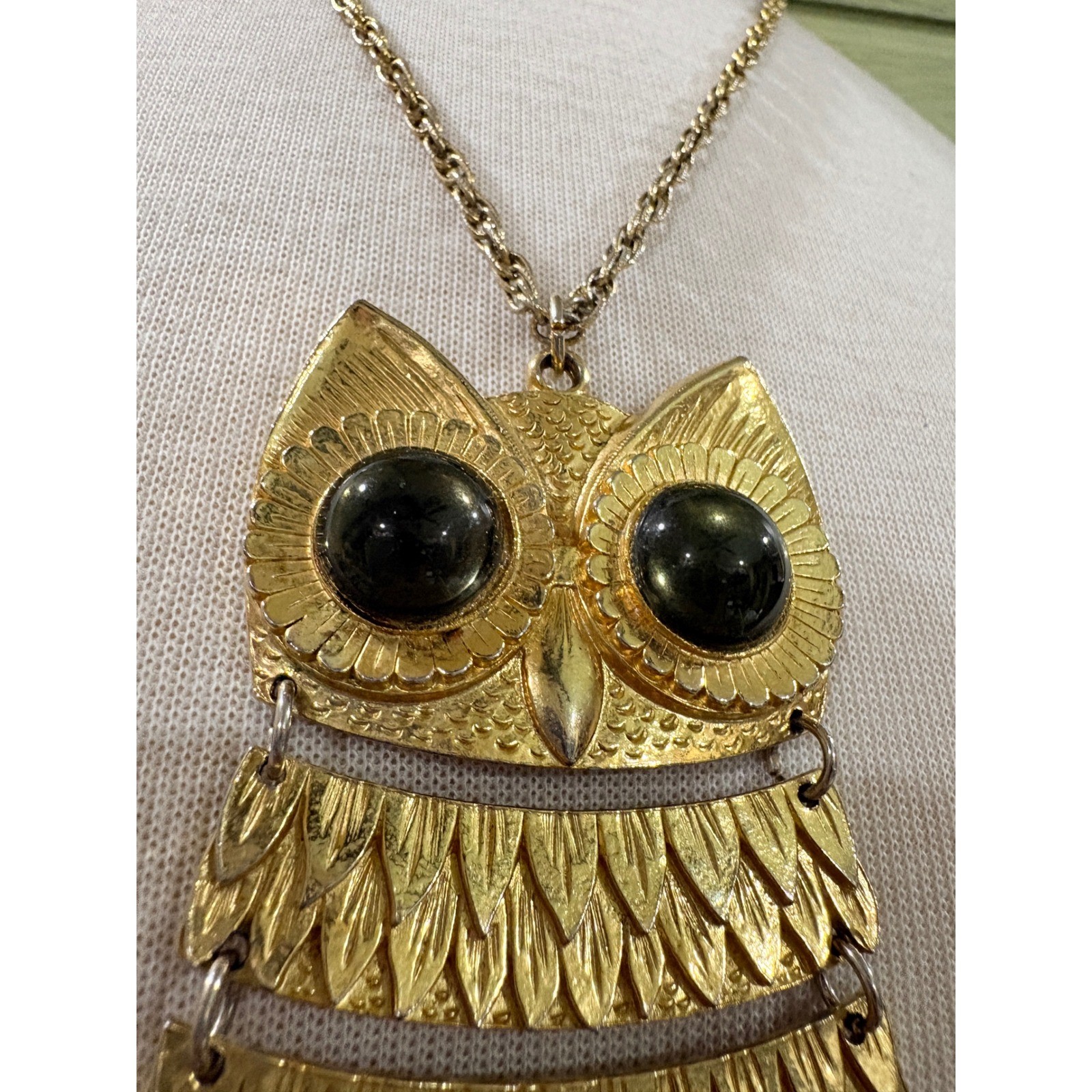Vintage Articulated Owl Pendant Necklace Gold Tone Green Glass Eyes