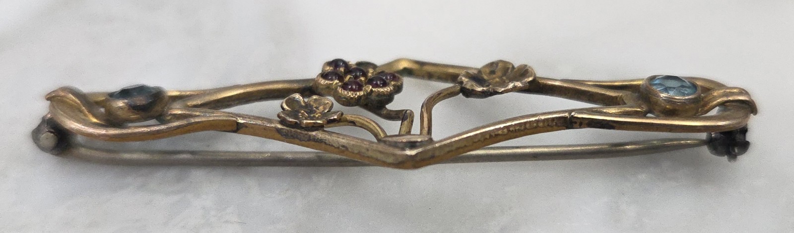 Antique Art Nouveau Floral Brooch Garnet Cluster Blue Glass Stones Gold Tone