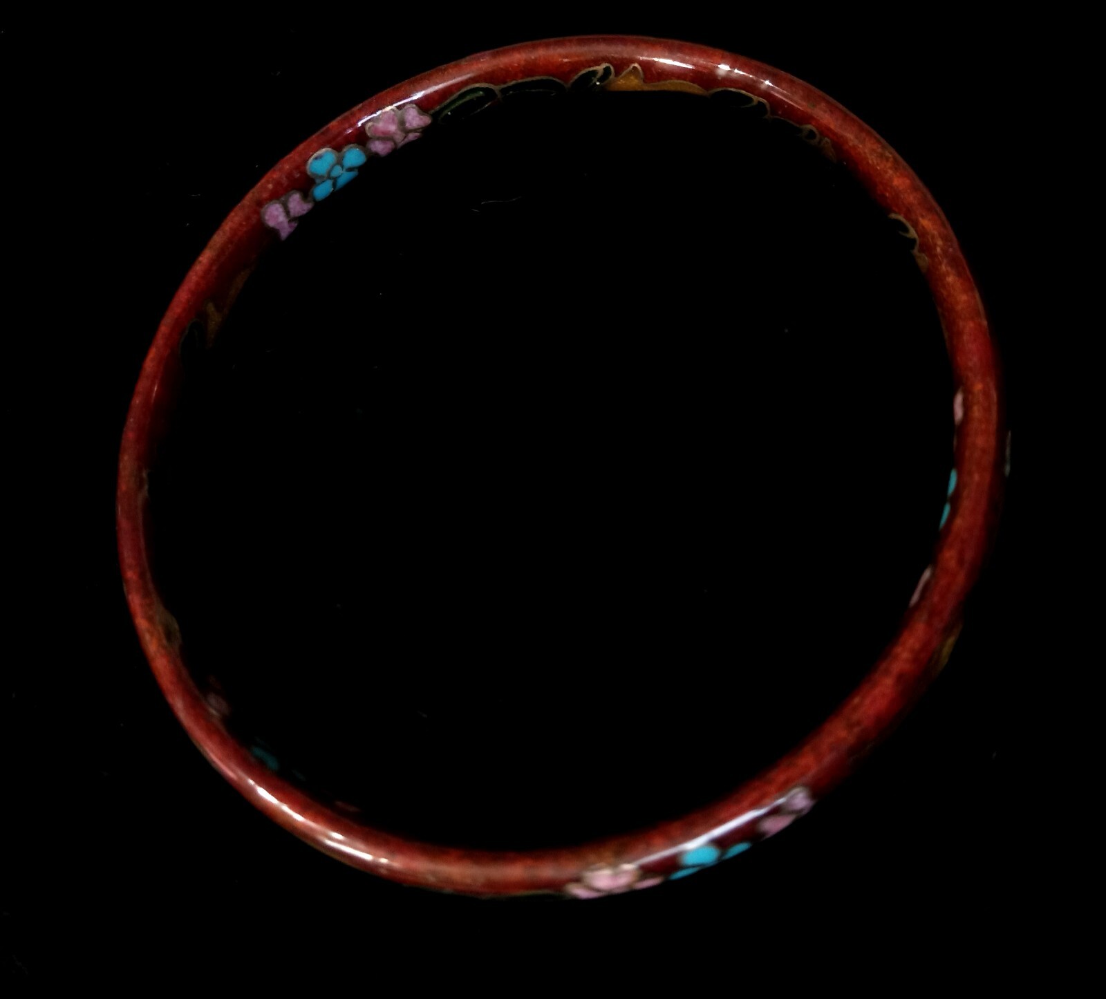 Vintage Chinese Redish Brown Gold Cloisonne Enameled Flower Bangle Bracelet