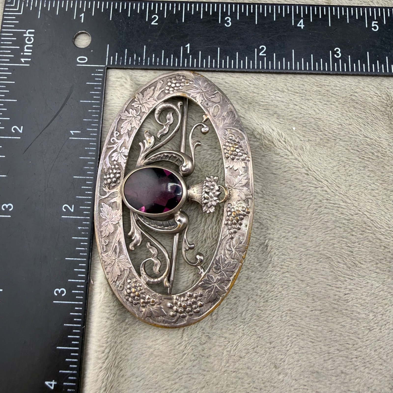 Vintage Sash Pin Brooch Grapes Flower Basket Purple Rhinestone