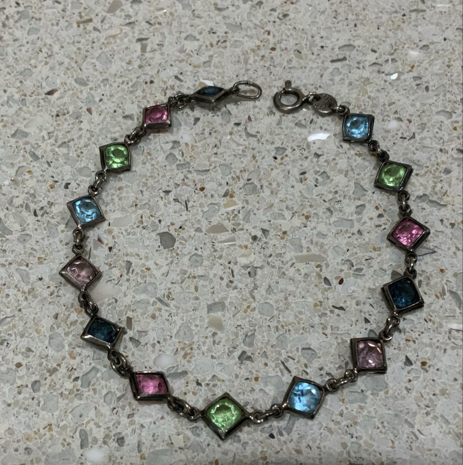 VTG ITALIAN STERLING SILVER BRACELET BEZEL SET MULTI COLOR GLASS STONES 7”