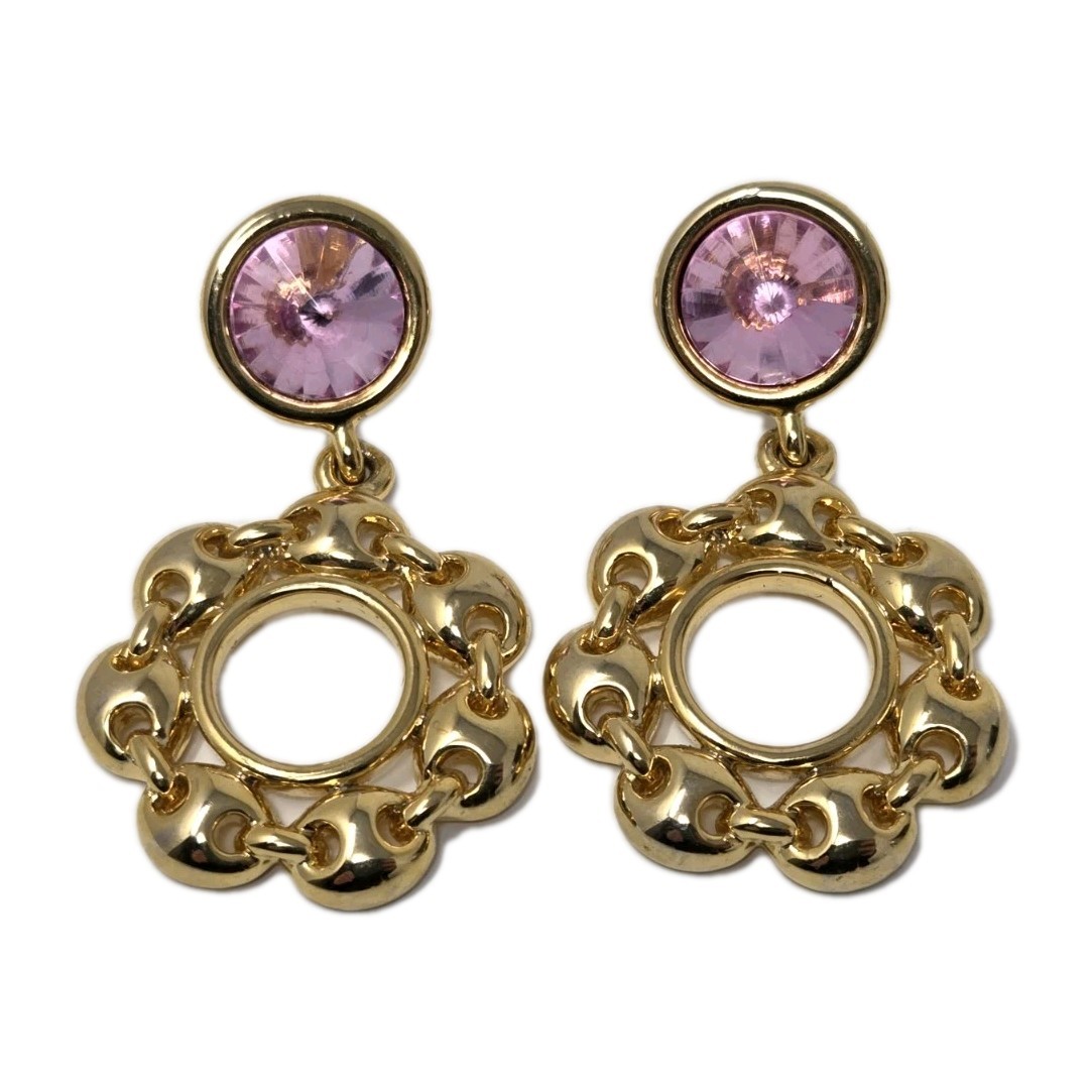 Gold Tone & Pink Acrylic Rhinestone Dangle Drop Hoop Earrings Vintage 1.7 Inches